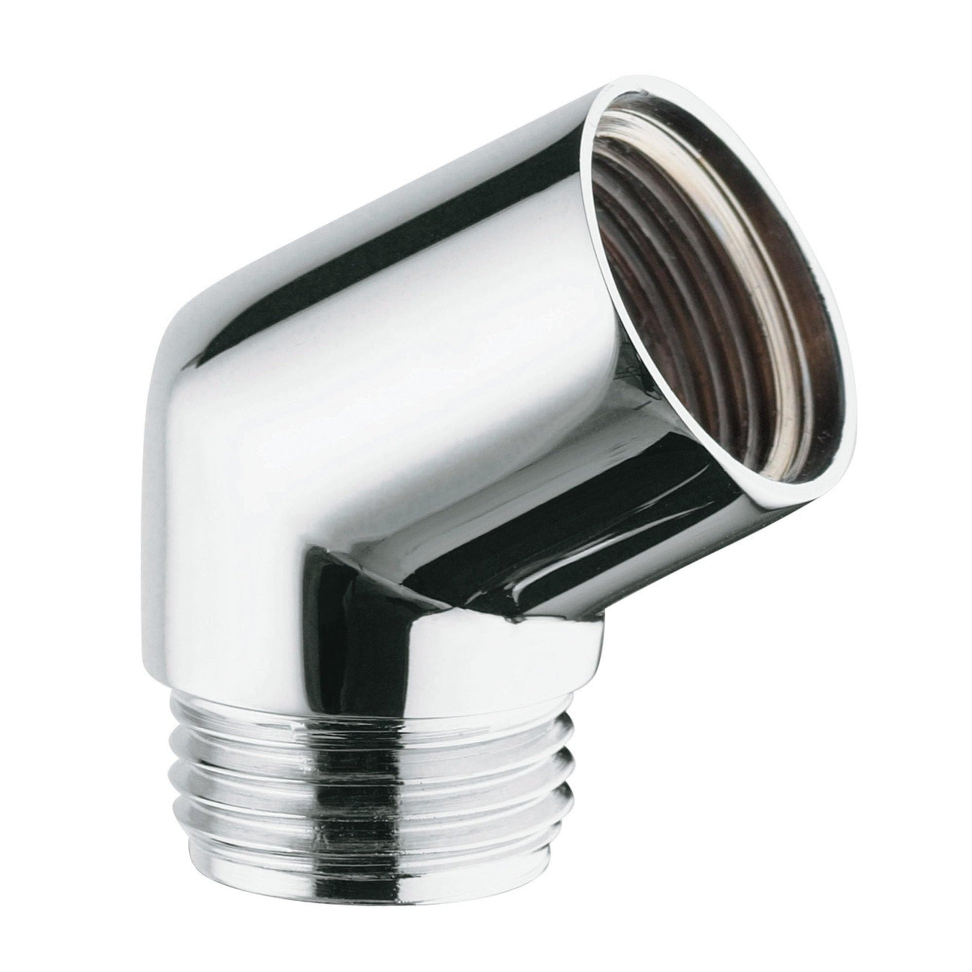Chrome plated adapter elbow with threaded male connection and angled outlet port.