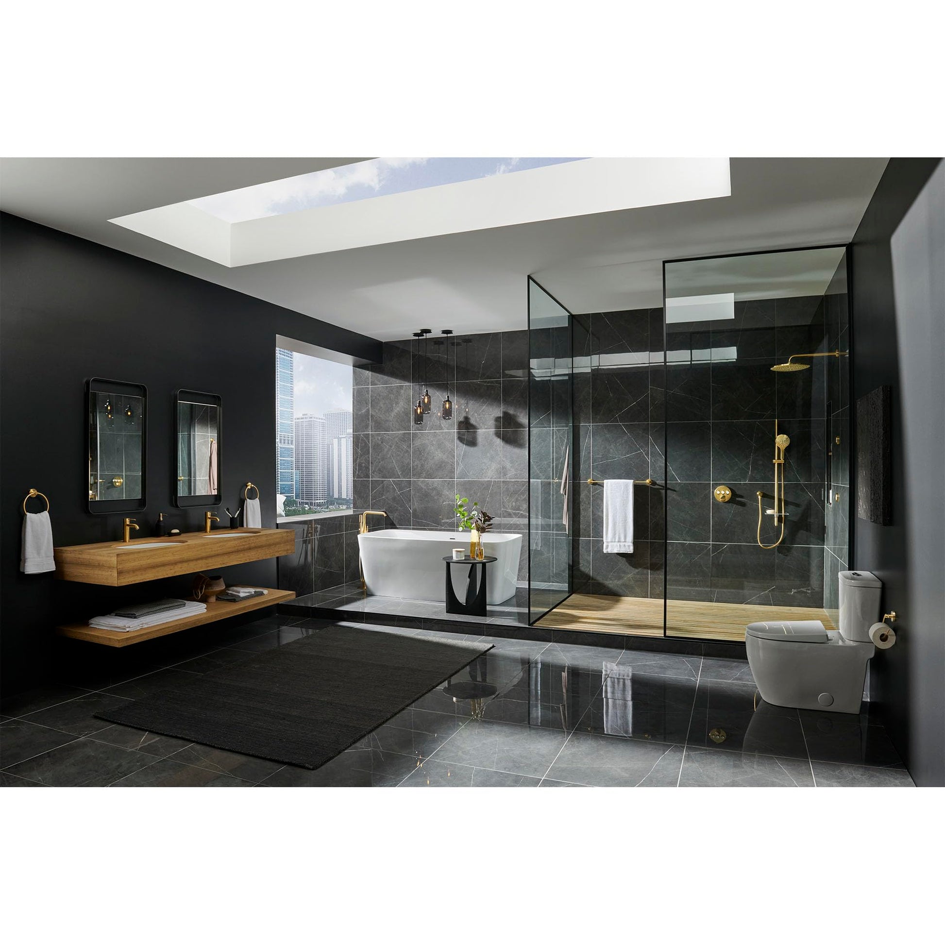 Grohe Essence single-handle bathroom faucet with curved spout in brushed gold finish mounted on wooden vanity.