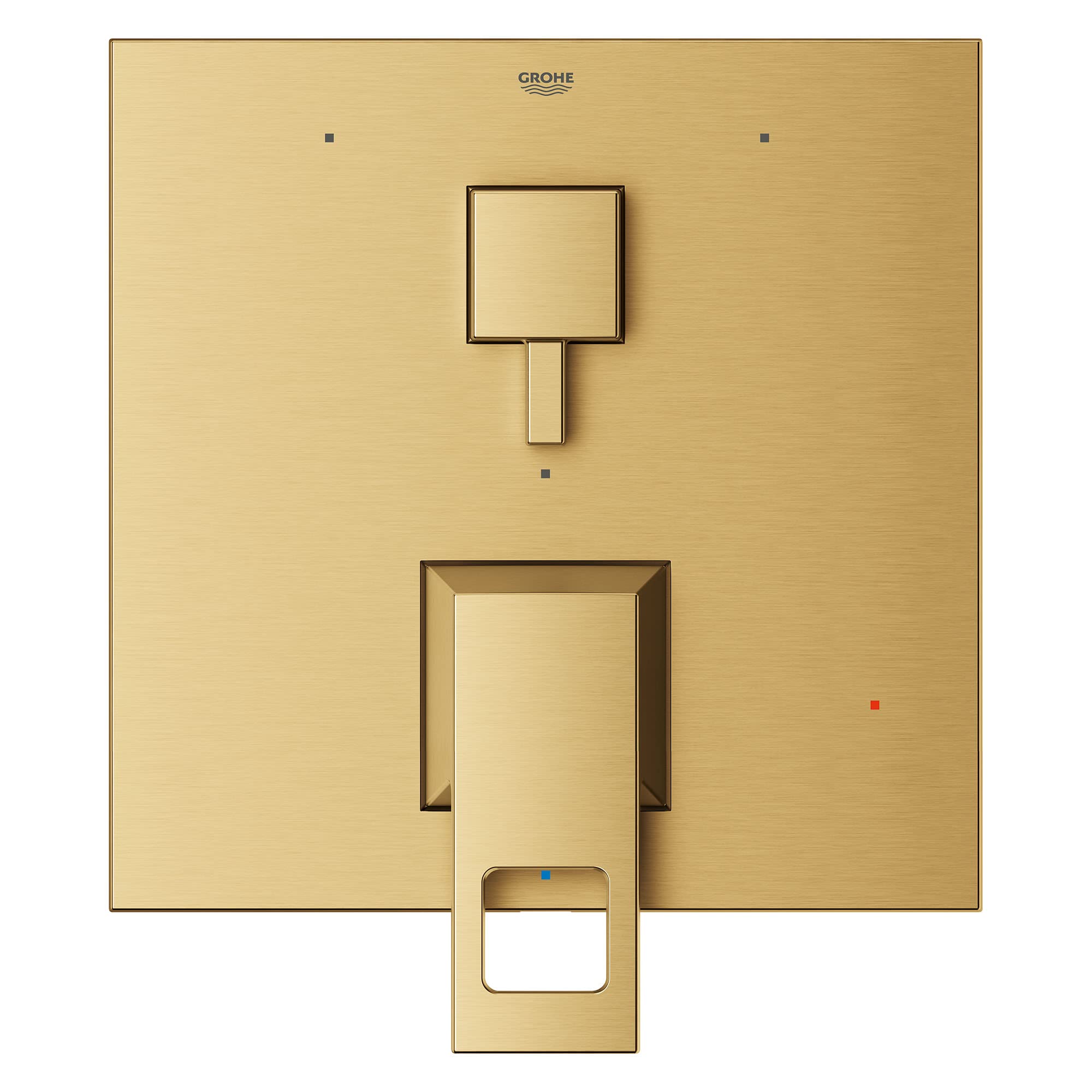 Grohe Eurocube pressure balance valve trim with square handles and 3-way diverter in brushed gold finish, shown from front vi