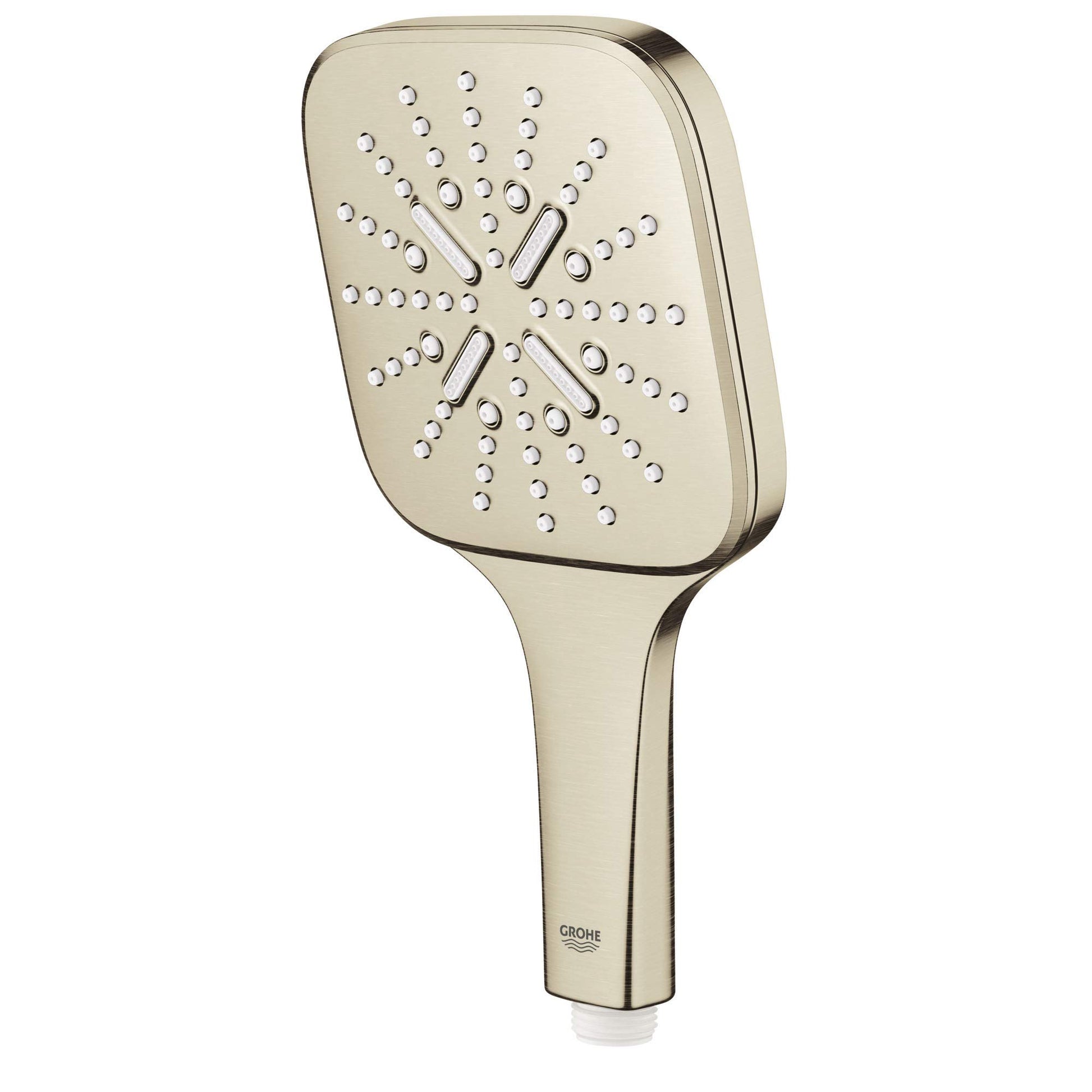 Grohe brushed nickel hand shower with square spray face and cylindrical handle.