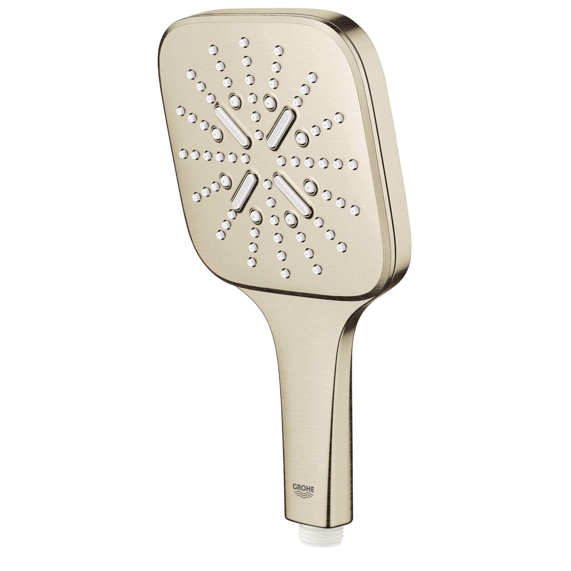 Grohe brushed nickel hand shower with square spray face and cylindrical handle.