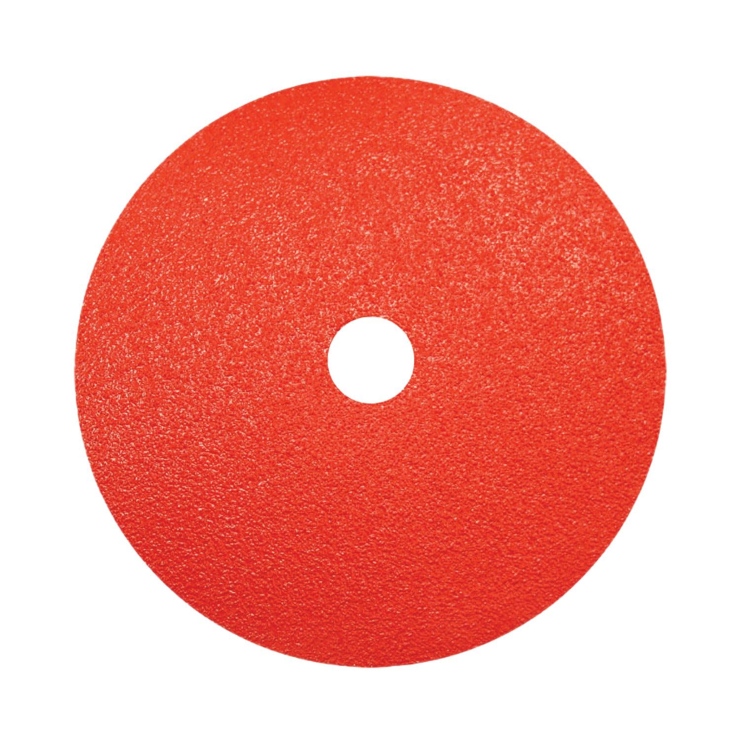 Red circular sanding disc with textured surface and center hole for mounting.