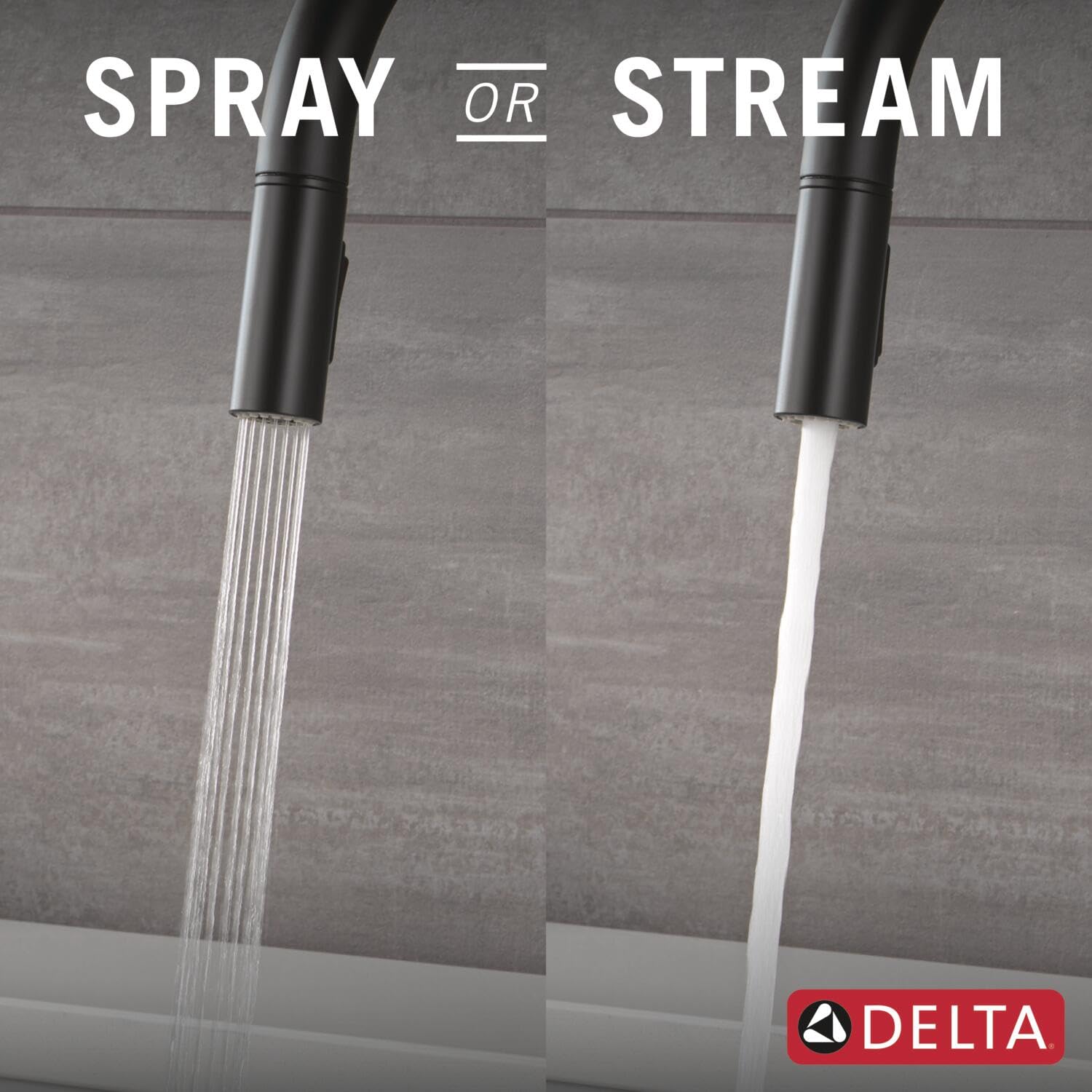 Matte black pull-down kitchen faucet with single handle, shown with spray and stream water flow options.