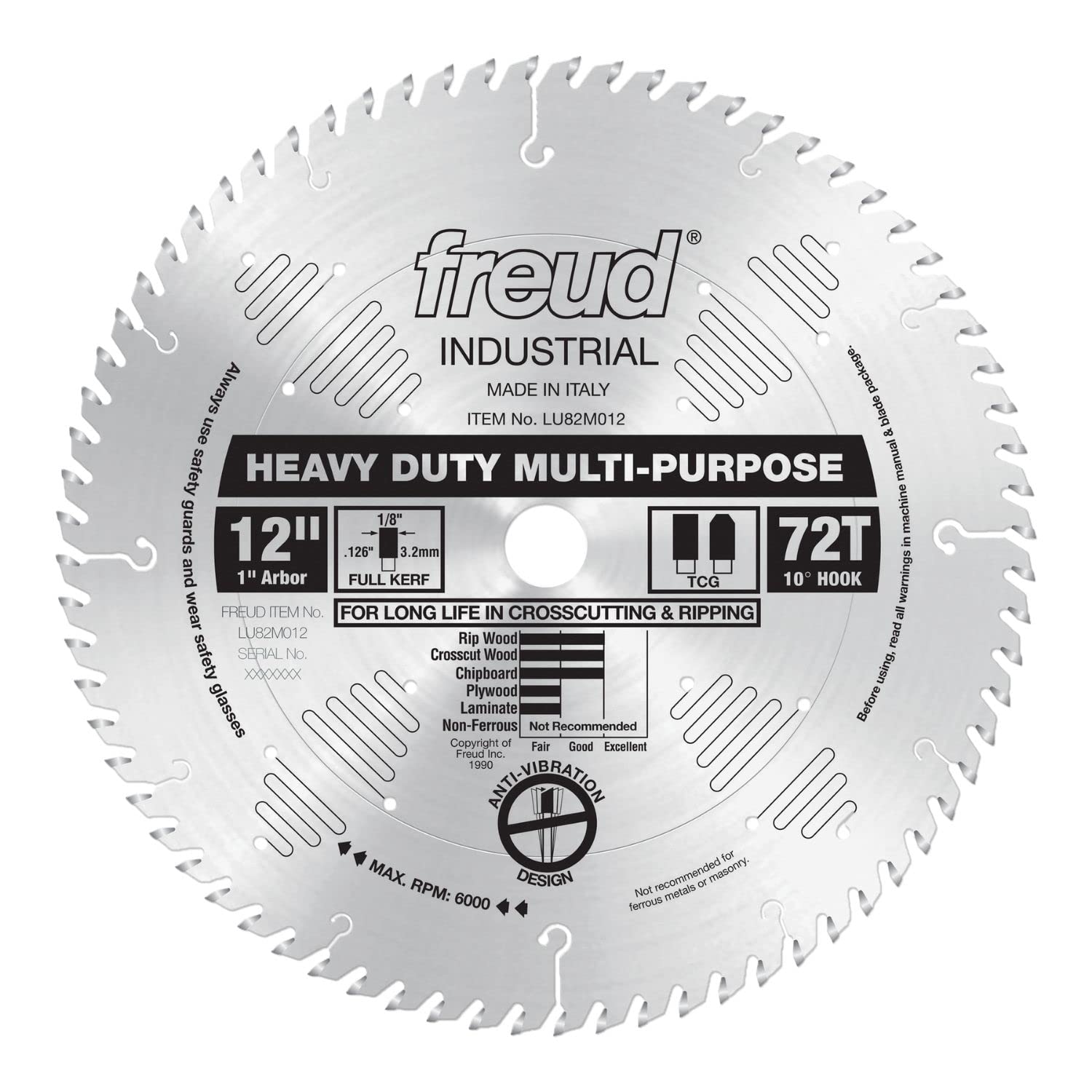 Silver circular saw blade with 72 teeth, 12 inch diameter, 1 inch arbor, labeled Freud Industrial Heavy Duty Multi-Purpose.