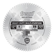 Silver circular saw blade with 72 teeth, 12 inch diameter, 1 inch arbor, labeled Freud Industrial Heavy Duty Multi-Purpose.