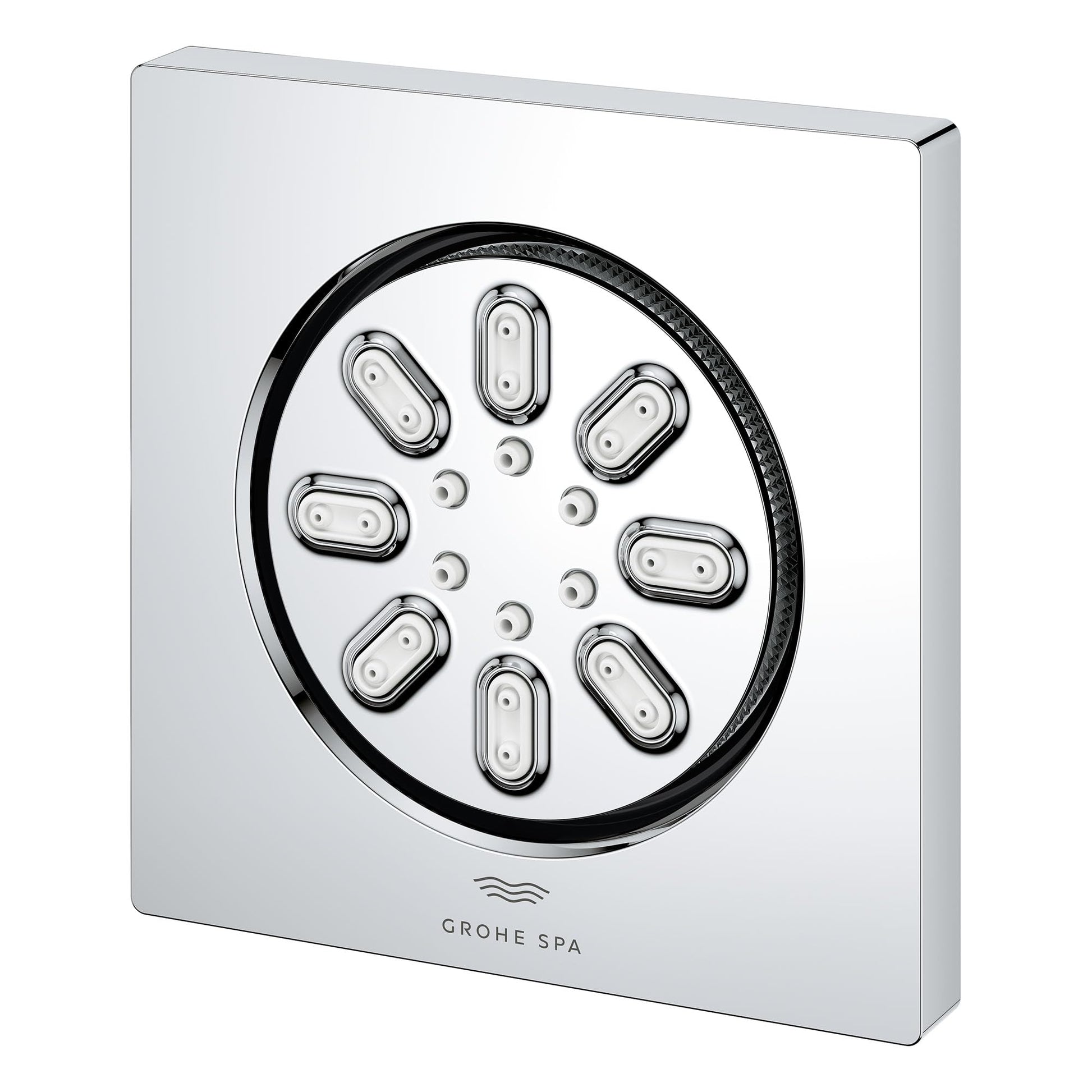 Square chrome body spray with circular face containing multiple oval-shaped spray nozzles arranged in a pattern.
