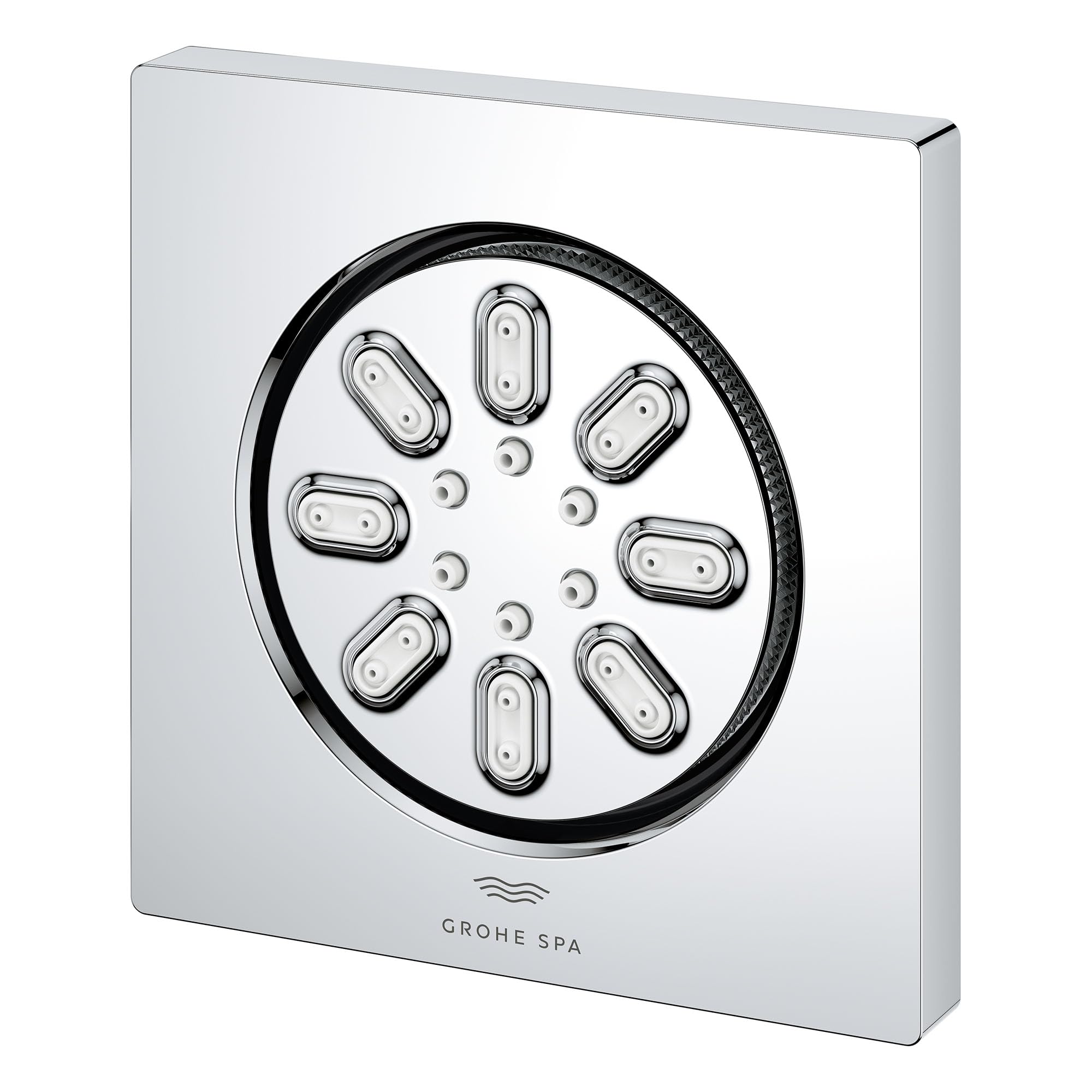 Square chrome body spray with circular face containing multiple oval-shaped spray nozzles arranged in a pattern.