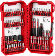 Red Milwaukee SHOCKWAVE 54-piece driver bit set with various Phillips, slotted, and specialty bits arranged in two hinged cas