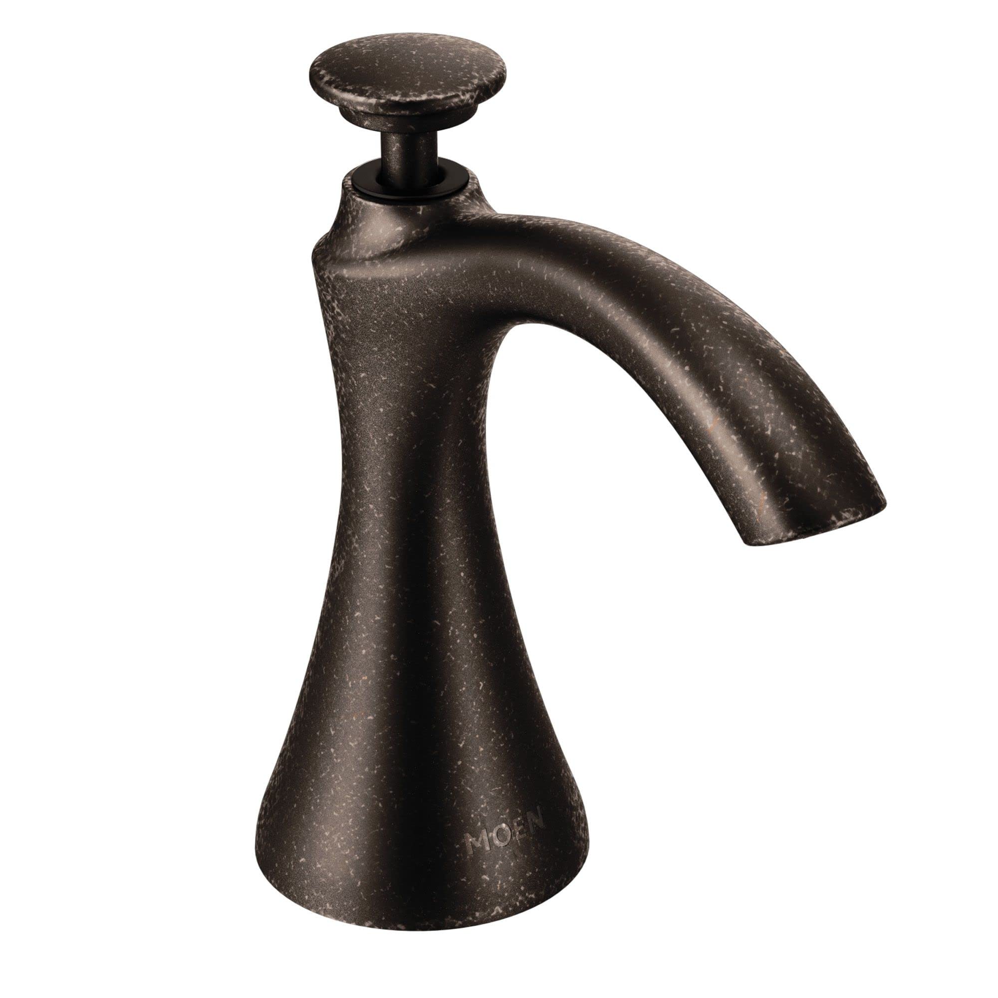Oil rubbed bronze deck mounted kitchen soap dispenser with curved spout and round pump top.