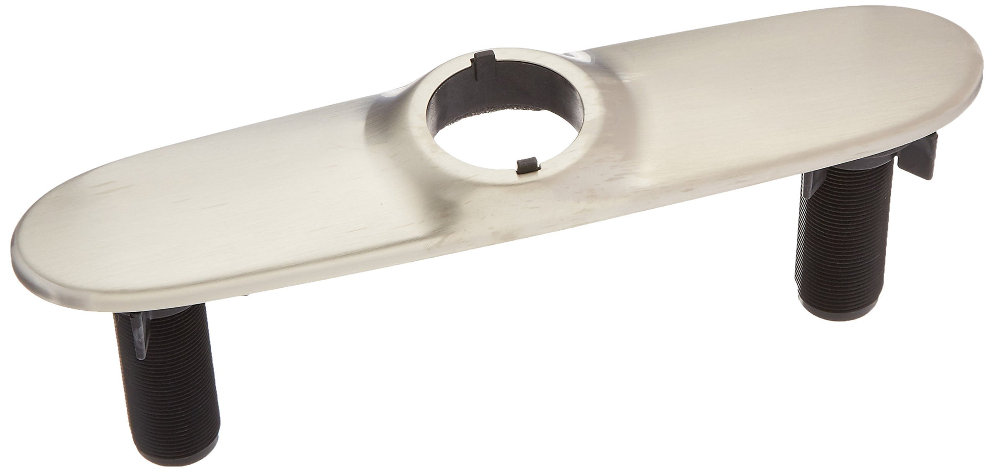 Stainless steel escutcheon with oval baseplate, center hole, and two black threaded mounting nuts.