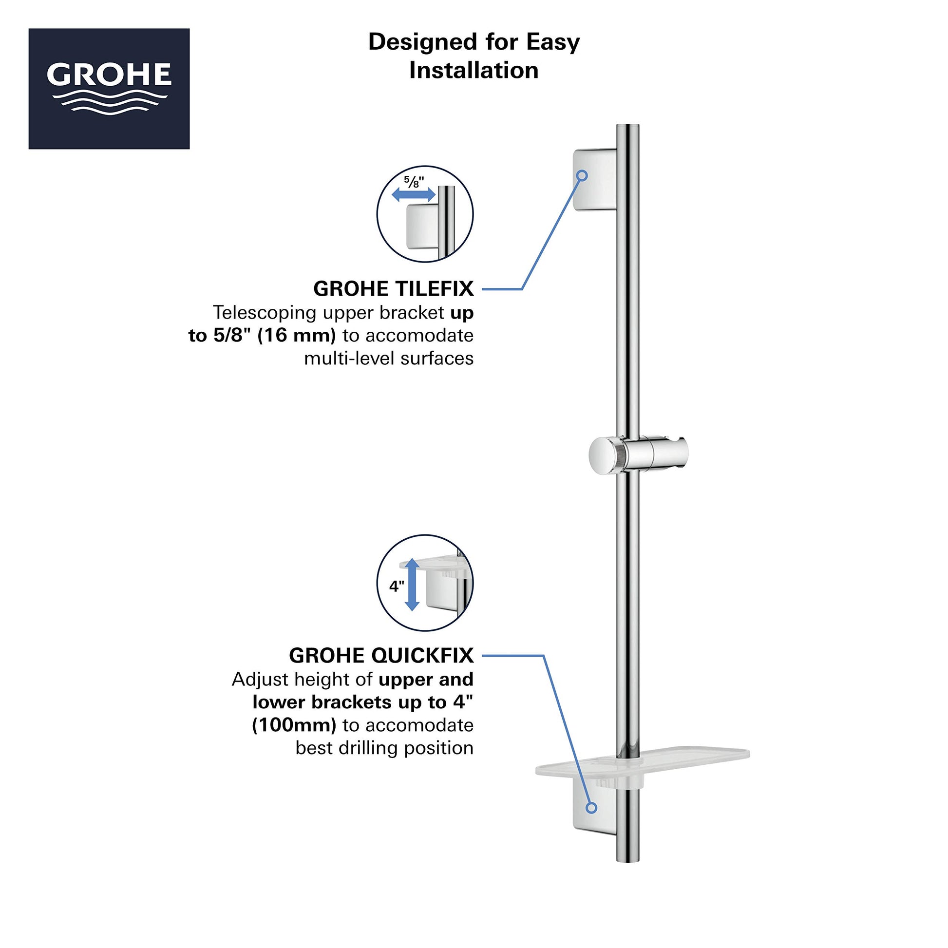 Grohe 24" brushed cool sunrise shower slide bar with upper and lower mounting brackets and adjustment features.