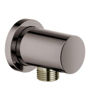 Dark gray cylindrical wall union with round mounting flange and threaded brass connection port.