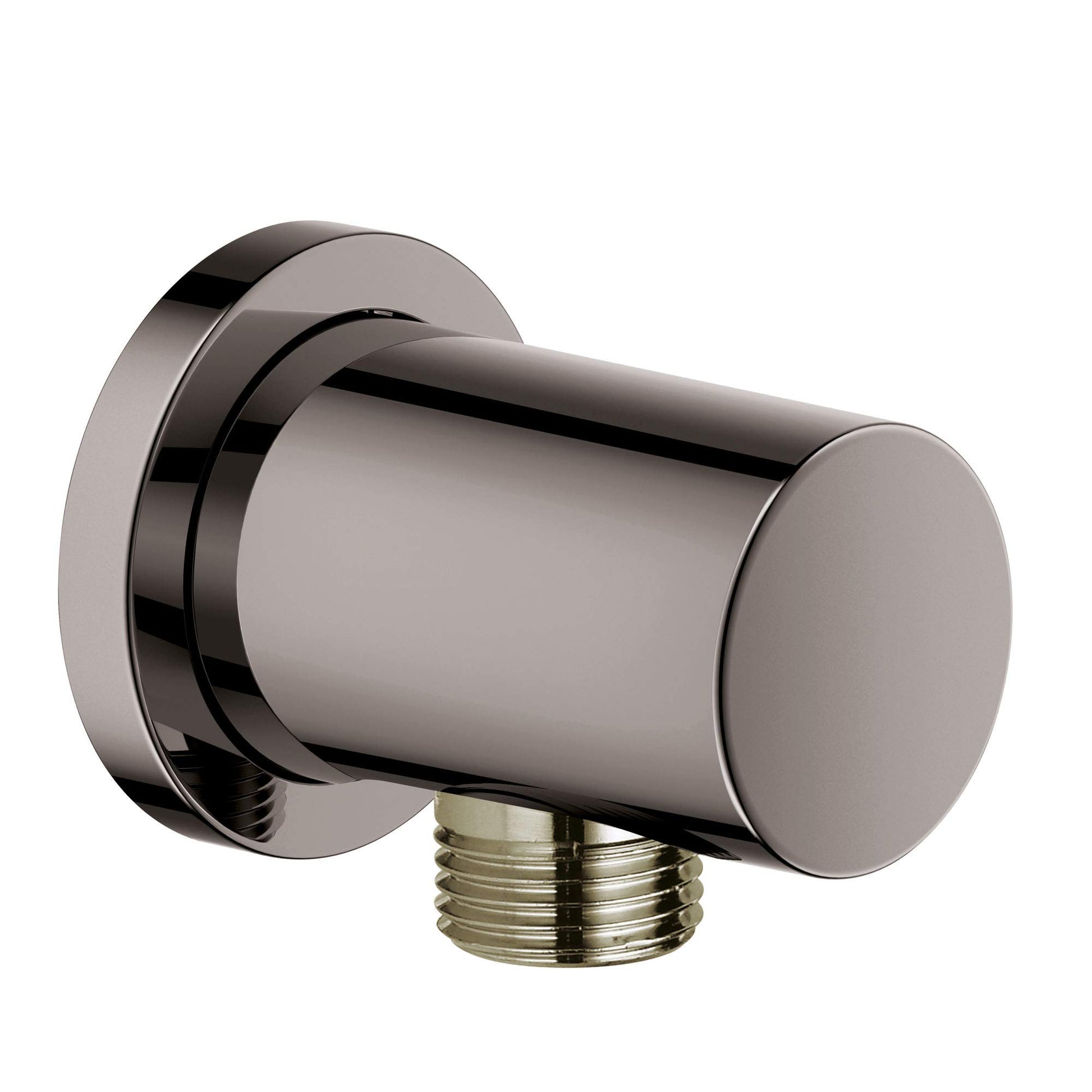 Dark gray cylindrical wall union with round mounting flange and threaded brass connection port.