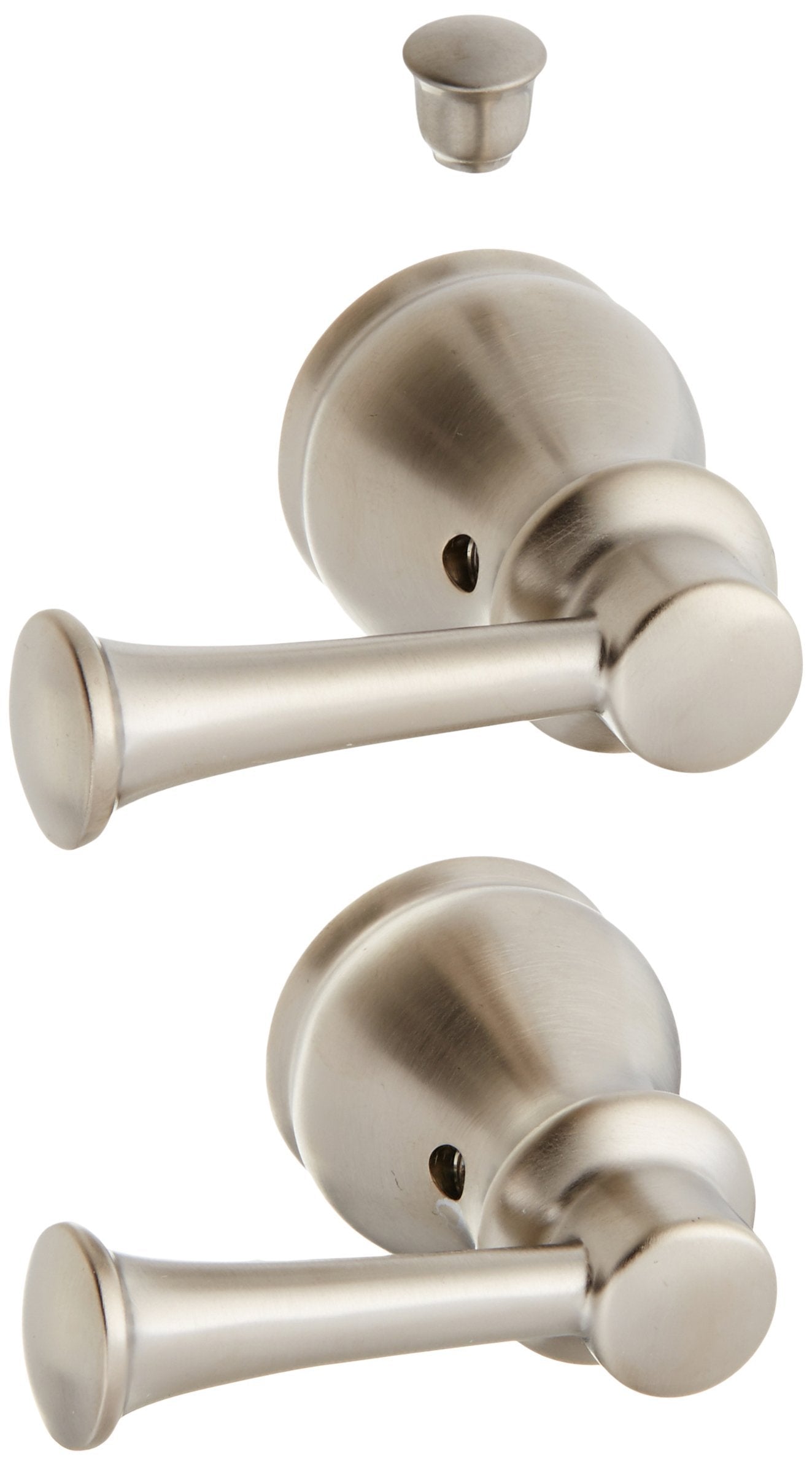 Stainless steel lever handle set with two matching handles, circular rosettes, and mounting hardware for kitchen or bathroom 