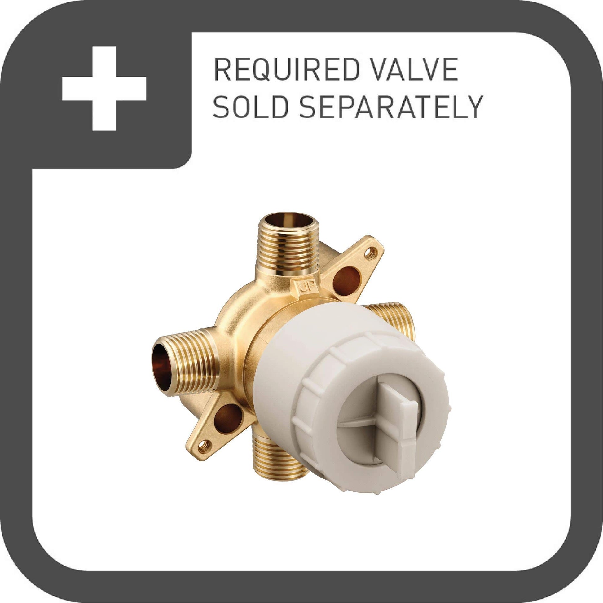 Brass valve body with white handle cartridge and multiple threaded ports for shower plumbing installation.