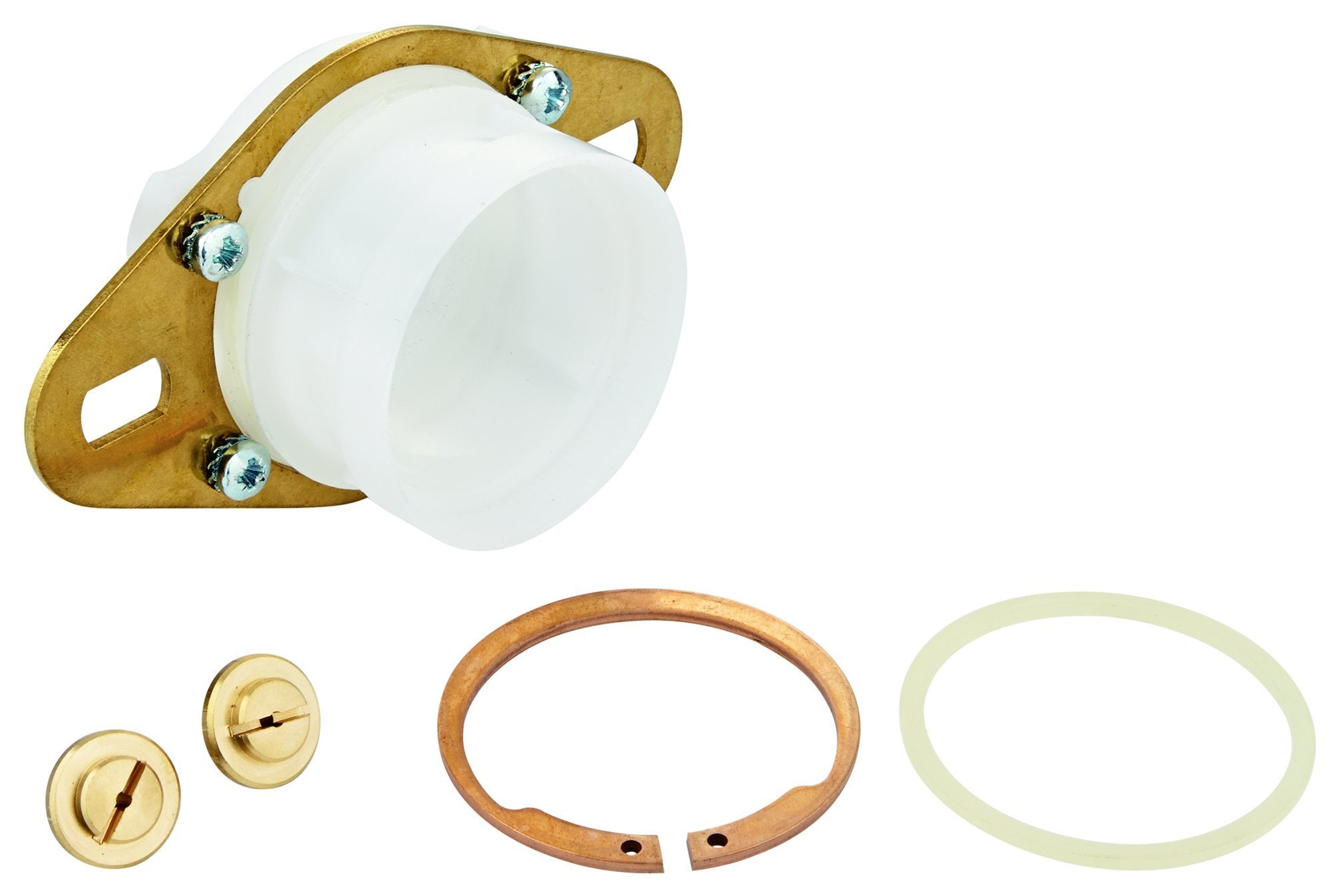 Grohe guide plate with threaded sleeve, brass bracket, metal fasteners, copper retaining ring, and rubber seals.