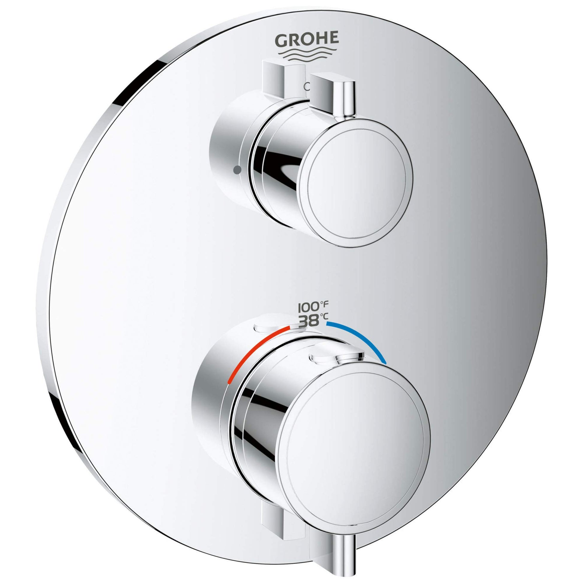 Chrome thermostatic valve trim with two round handles, temperature gauge showing 38°C, and rectangular escutcheon plate.