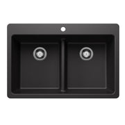 Anthracite double bowl drop-in sink with two equal-sized compartments and chrome drain fixtures.