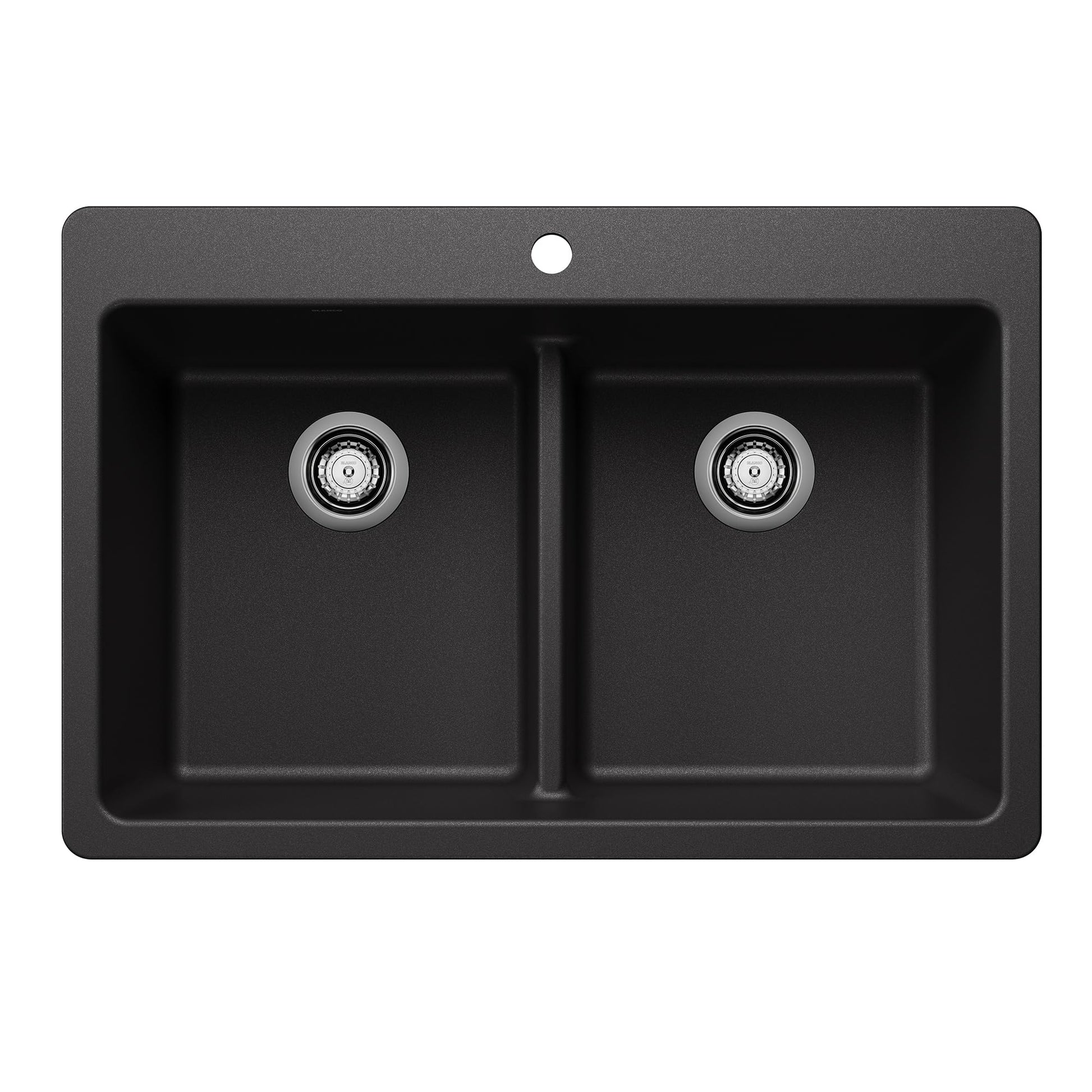 Anthracite double bowl drop-in sink with two equal-sized compartments and chrome drain fixtures.