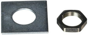 Dark square washer with oval cutout and hexagonal metal nut with threaded interior.