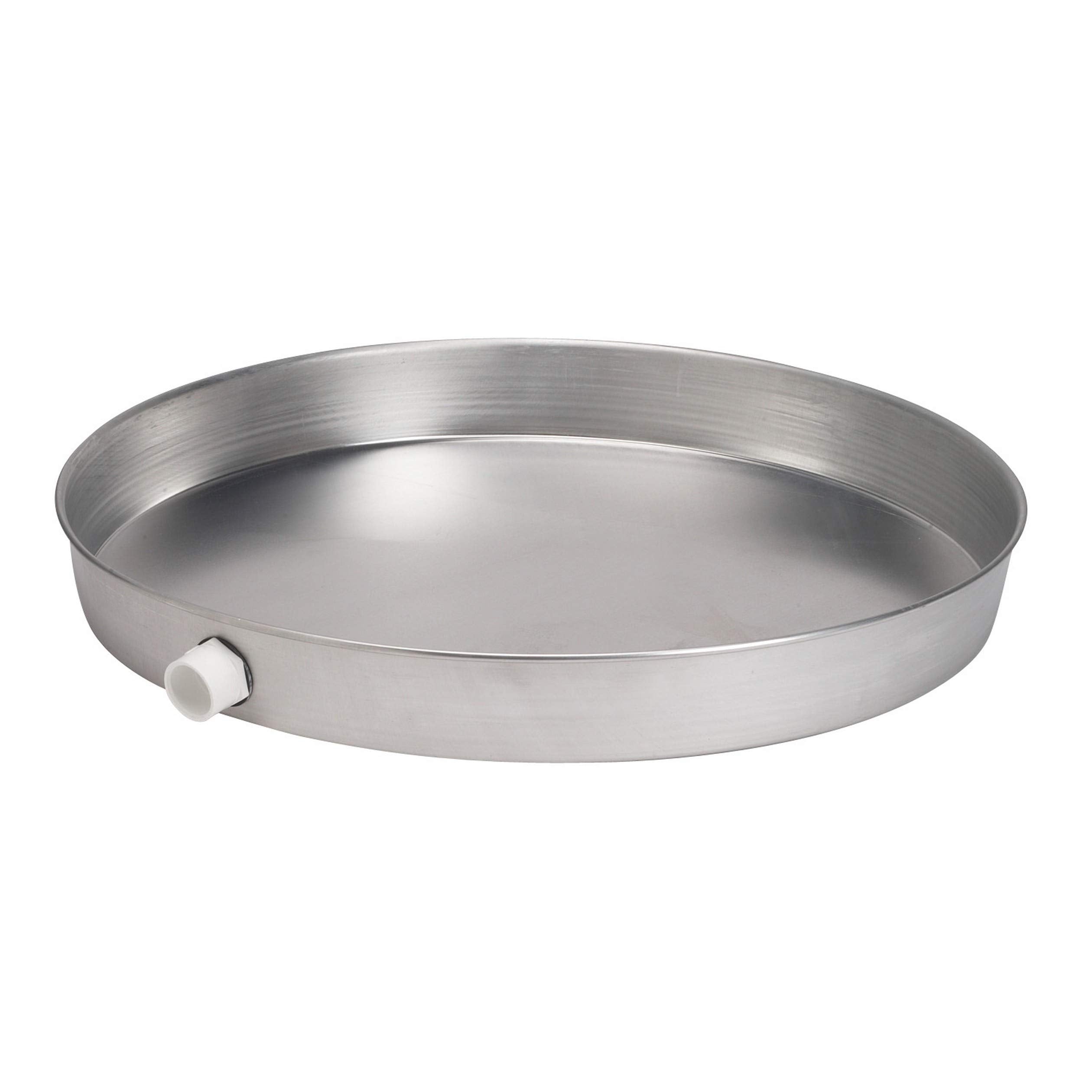 Stainless steel circular drain pan with white outlet valve on side.
