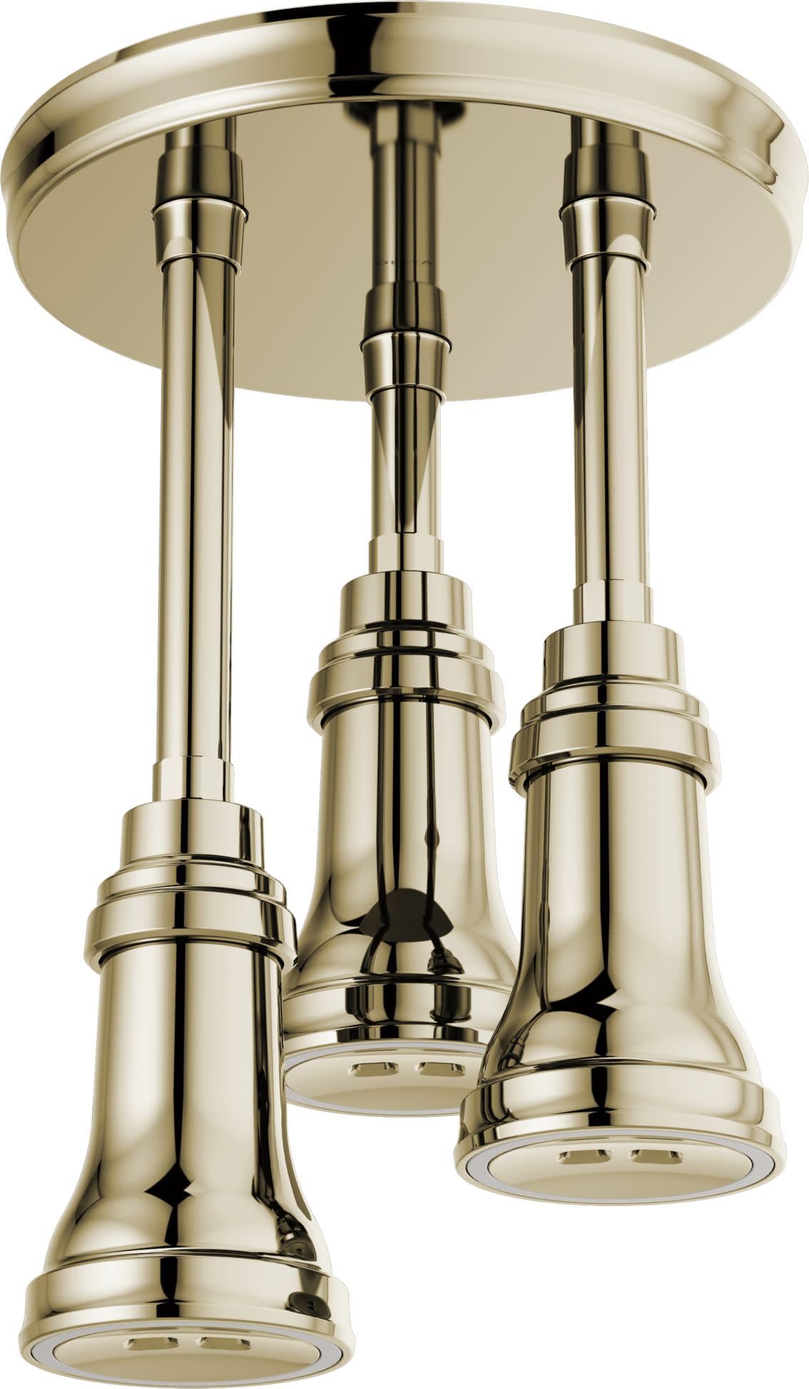 Polished brass ceiling-mounted shower head with three pendant nozzles and perforated spray faces.