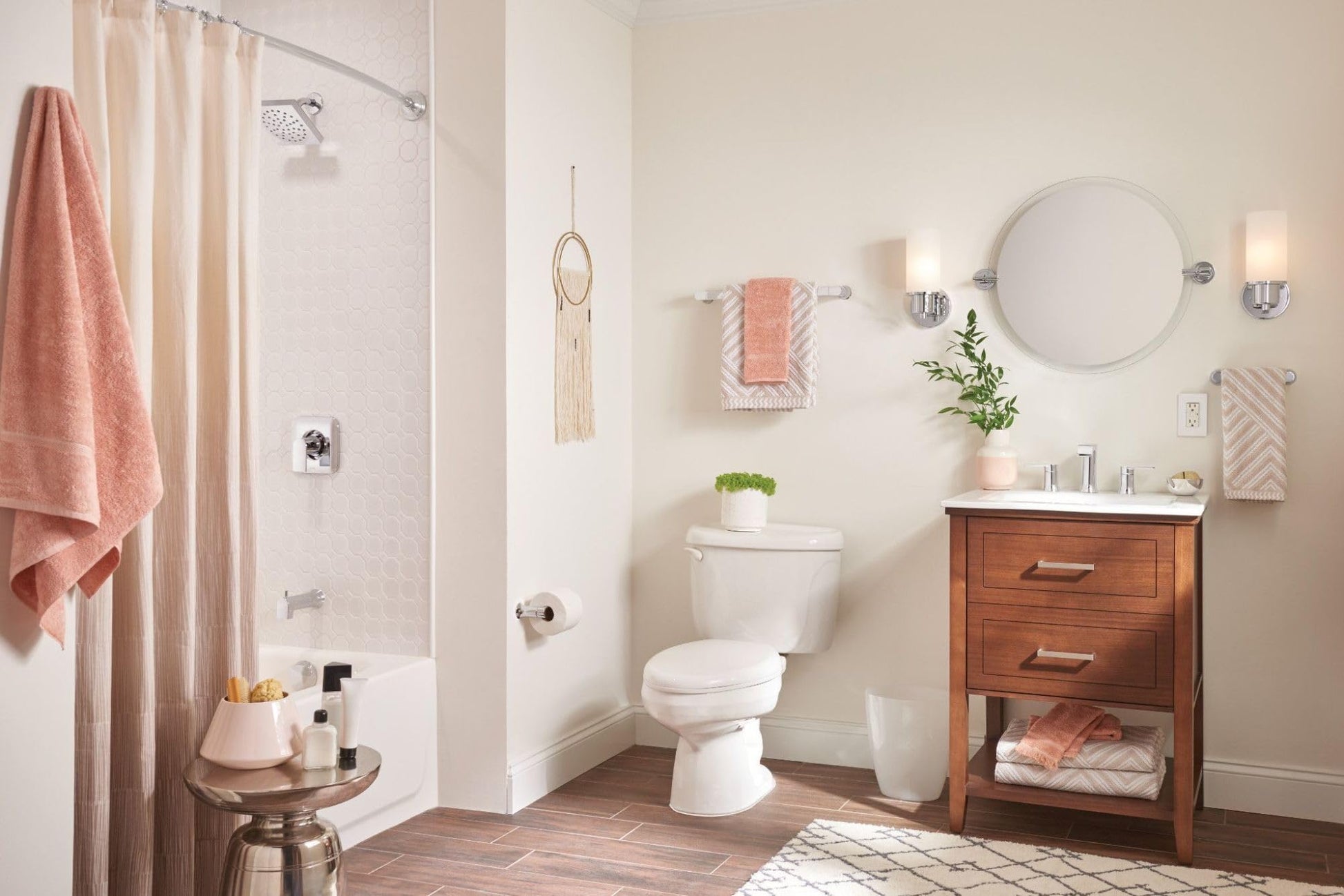 Chrome towel bar mounted on bathroom wall above sink vanity.