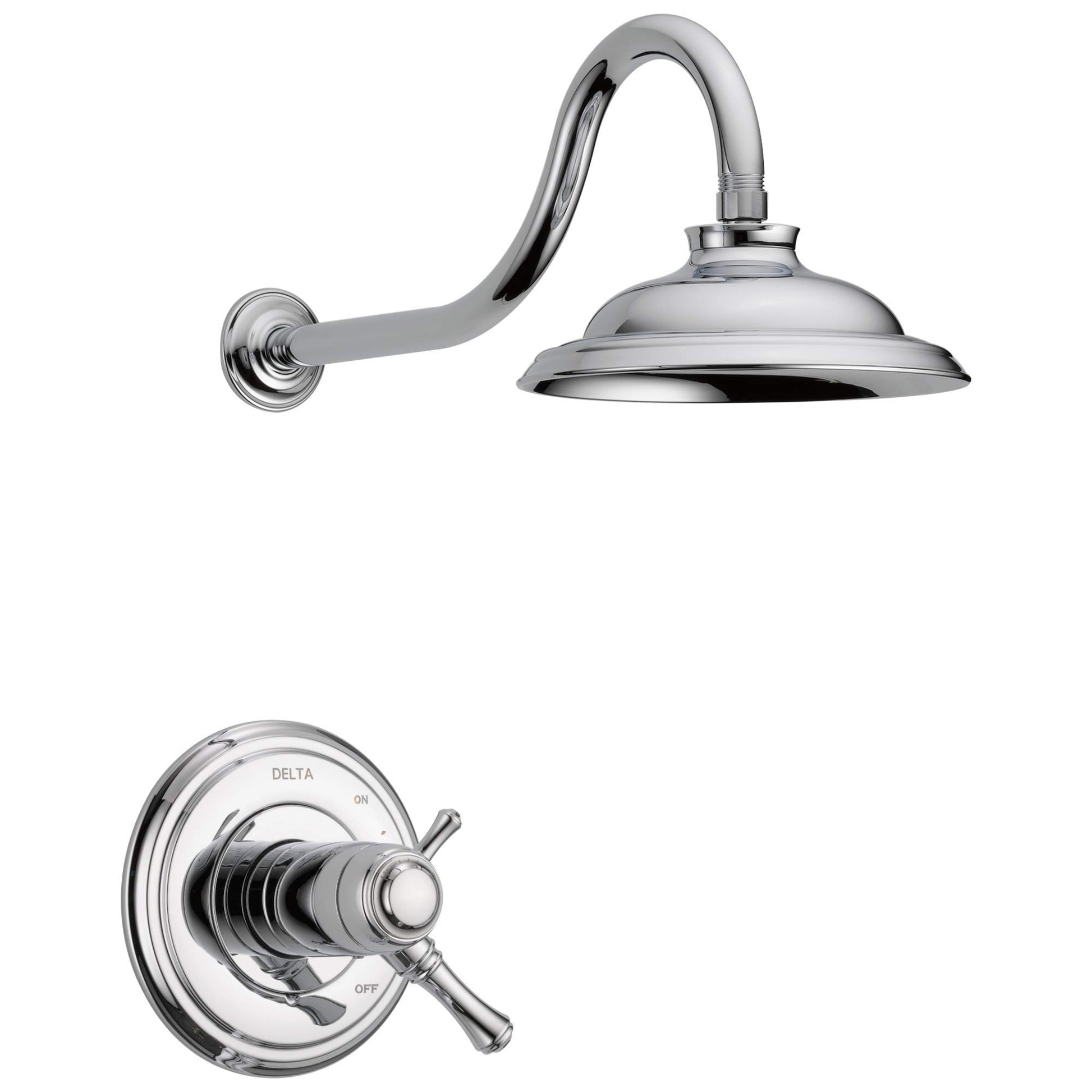 Chrome shower trim with curved wall arm, round showerhead, and valve control with lever handle.