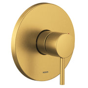 Brushed gold single-handle shower trim kit with round escutcheon plate and cylindrical lever handle.