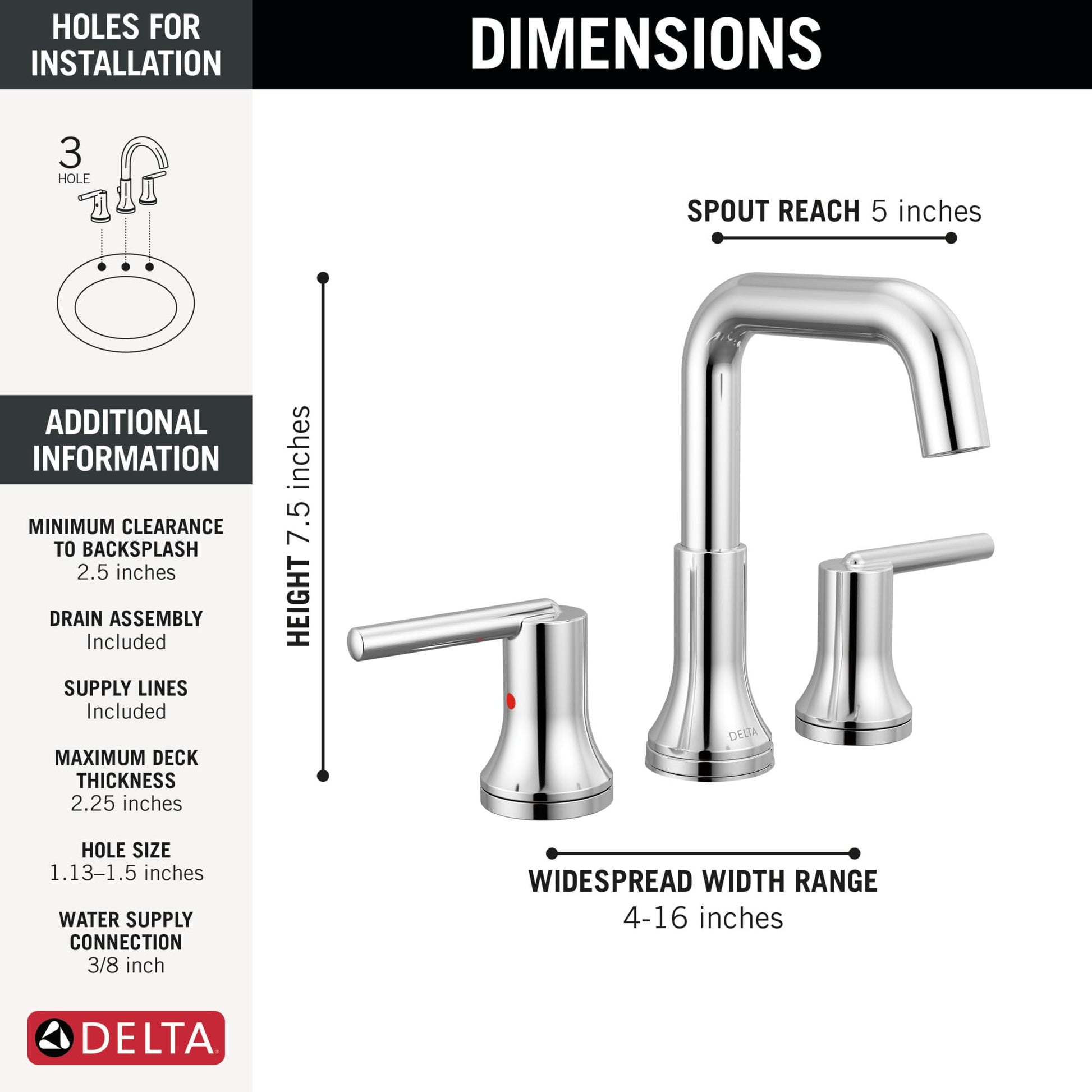 Chrome Delta Trinsic widespread bathroom faucet with two handles, tall curved spout, 7.5 inches high, 5 inch spout reach.