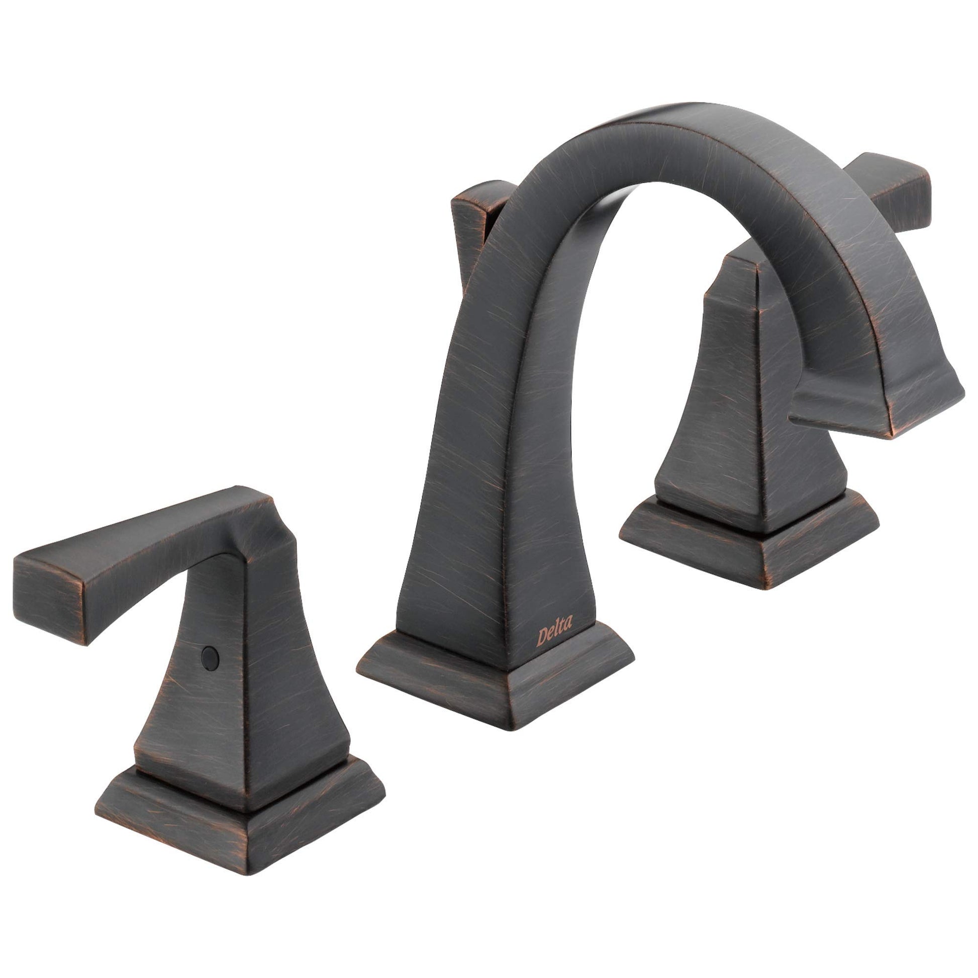 Chrome finish three-piece bathroom faucet with two handles, curved spout, and square base pedestals.