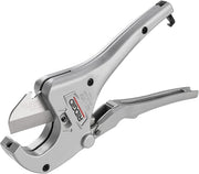 RIDGID aluminum ratchet action pipe cutter with curved handle and cutting blade against white background.