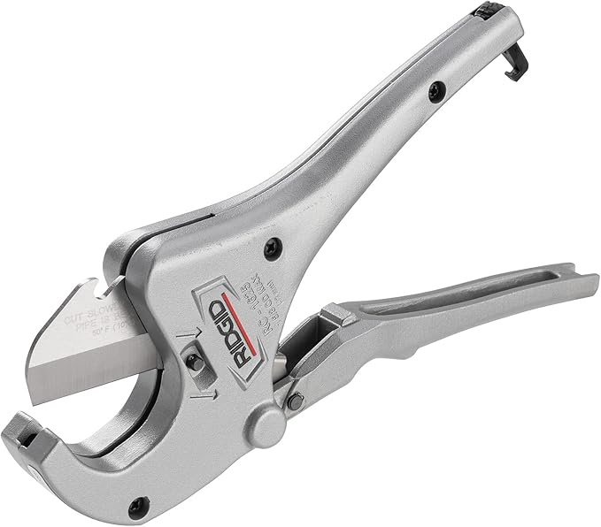 RIDGID aluminum ratchet action pipe cutter with curved handle and cutting blade against white background.