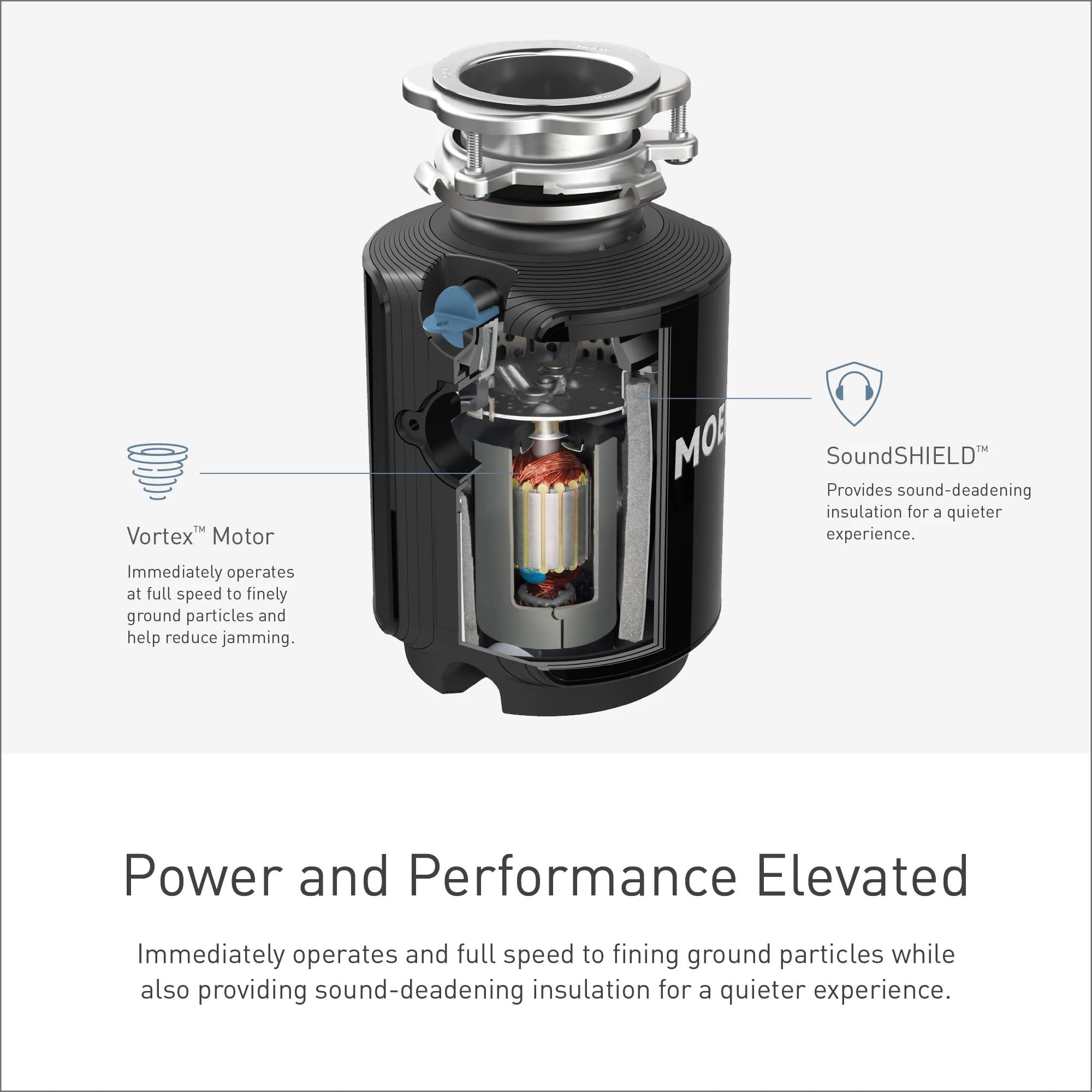 Black garbage disposal unit with stainless steel flange, showing internal motor and grinding chamber with sound insulation fe