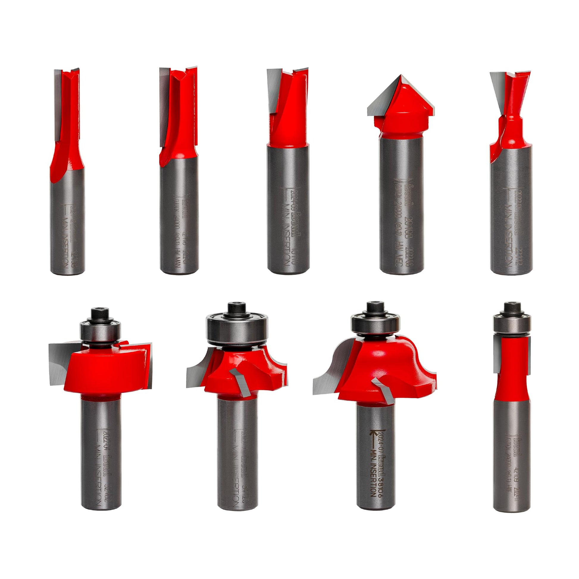 Nine router bits with red cutting heads and gray steel shanks in various profiles including straight, flush trim, roundover, 