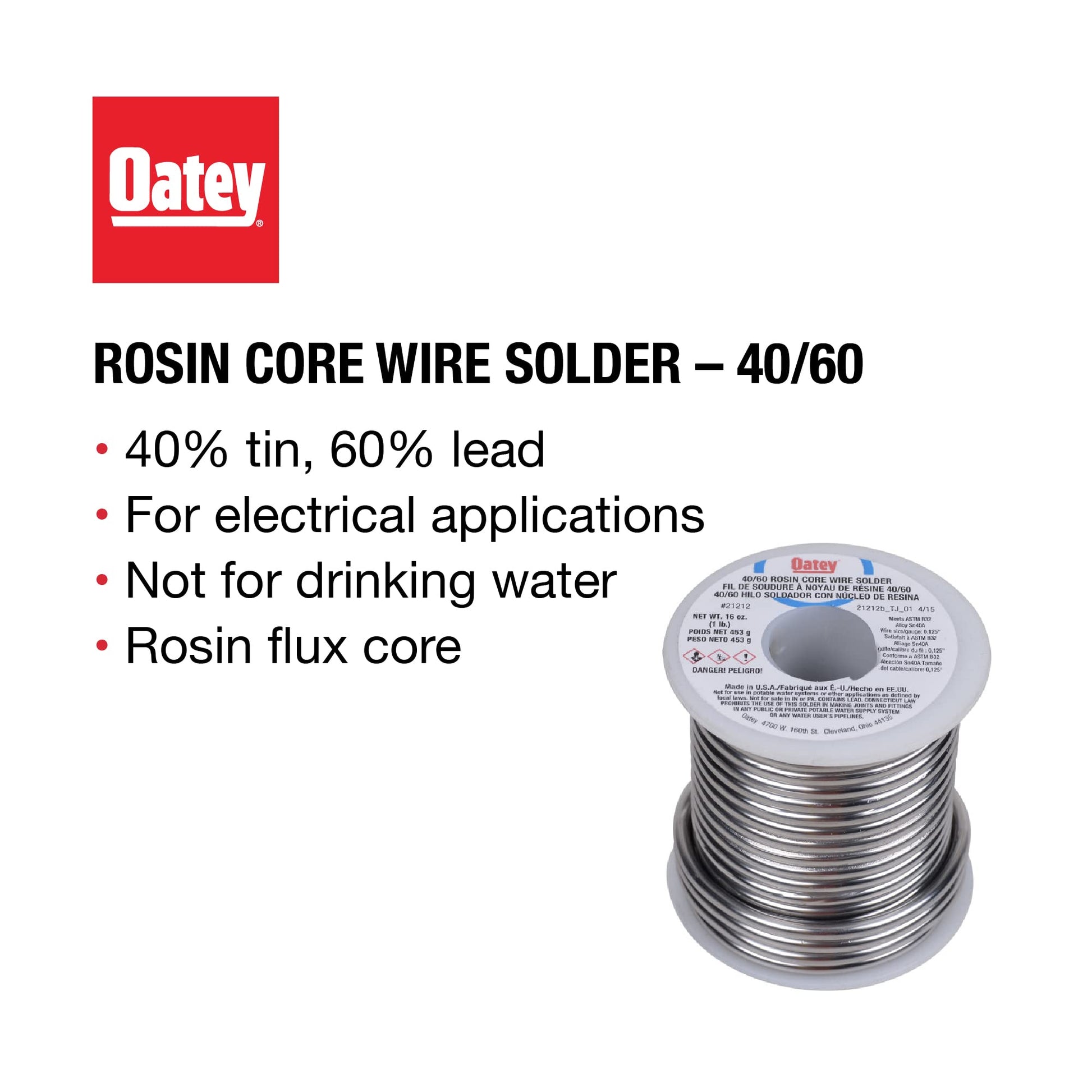 Oatey rosin core wire solder spool with gray label and coiled silver-colored solder wire.