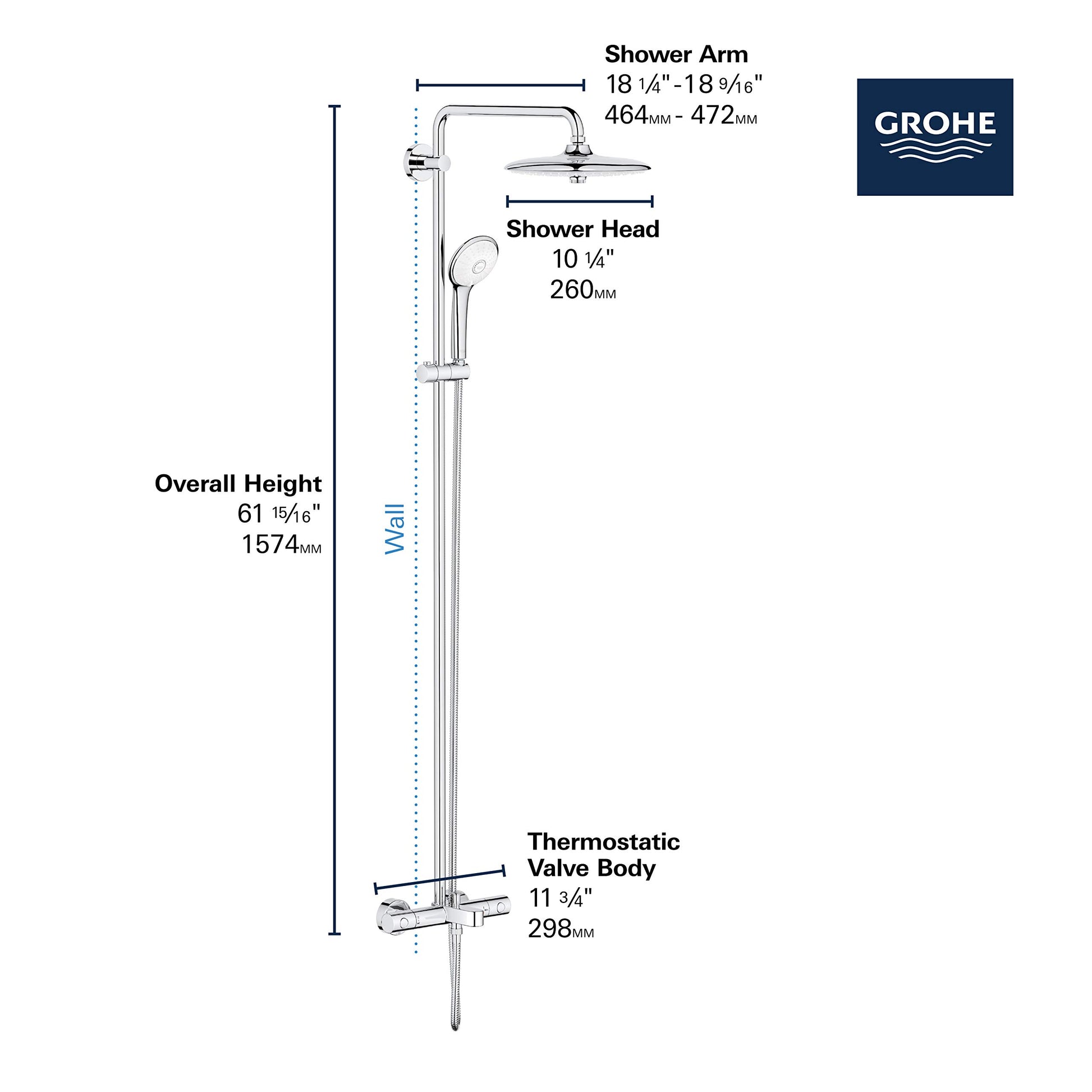 Chrome thermostatic tub/shower system with overhead and handheld showerheads, wall-mounted valve, 61.9" overall height.