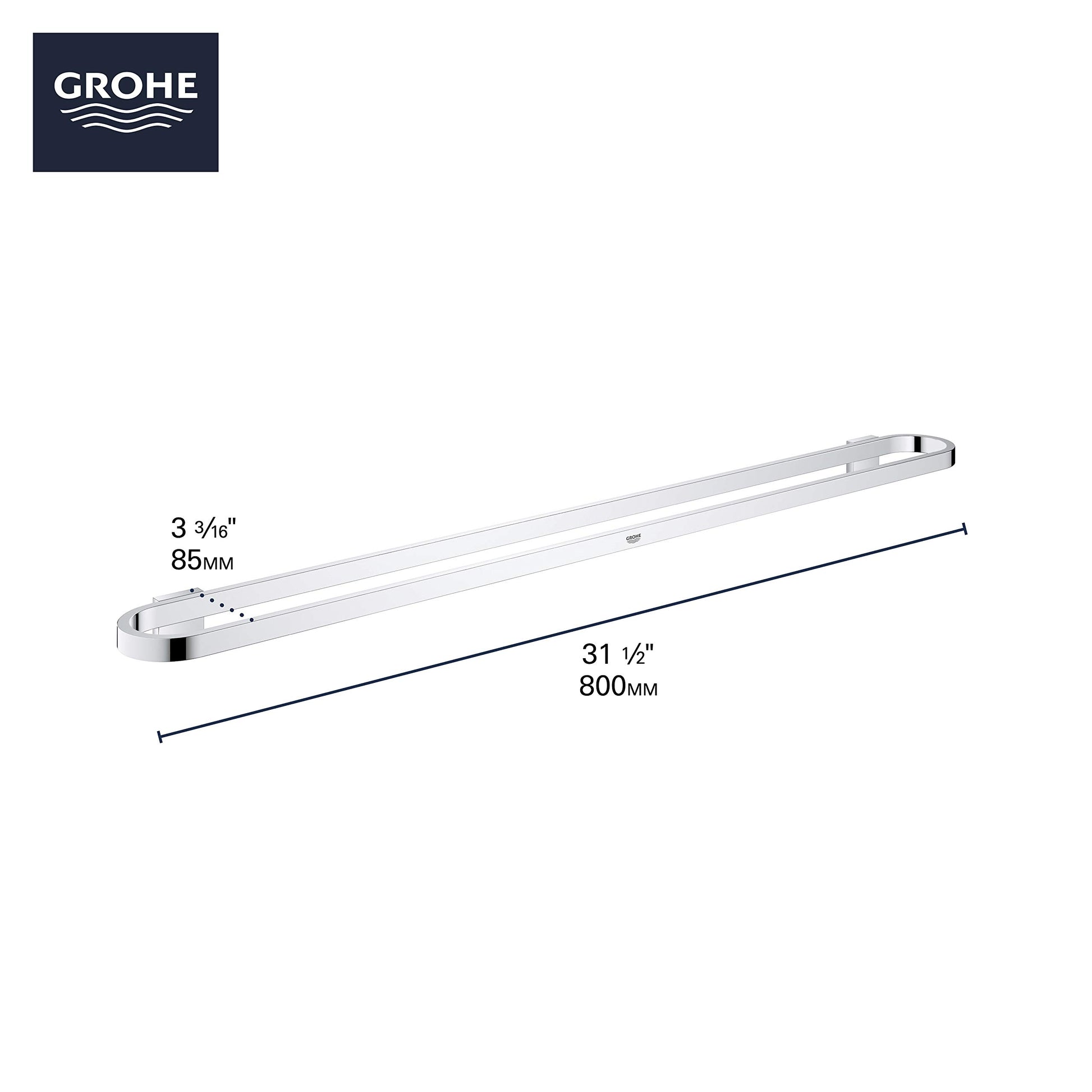 Grohe brushed cool sunrise towel bar with wall-mounted bracket and dimensions of 32 inches long by 3 3/8 inches wide.