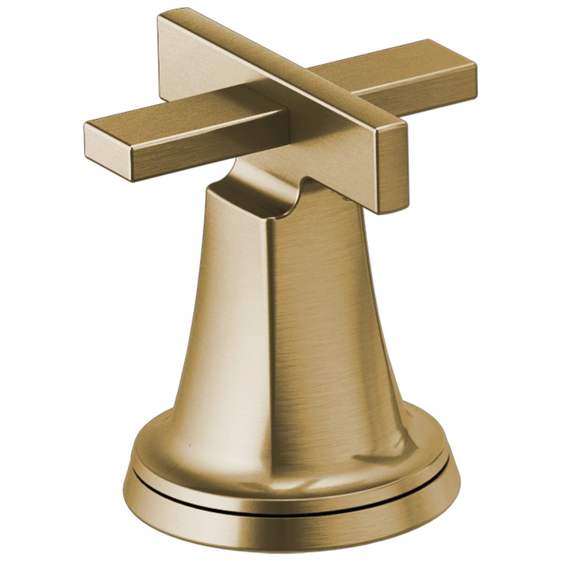 Champagne bronze cross handle faucet control with conical base and two rectangular lever arms.