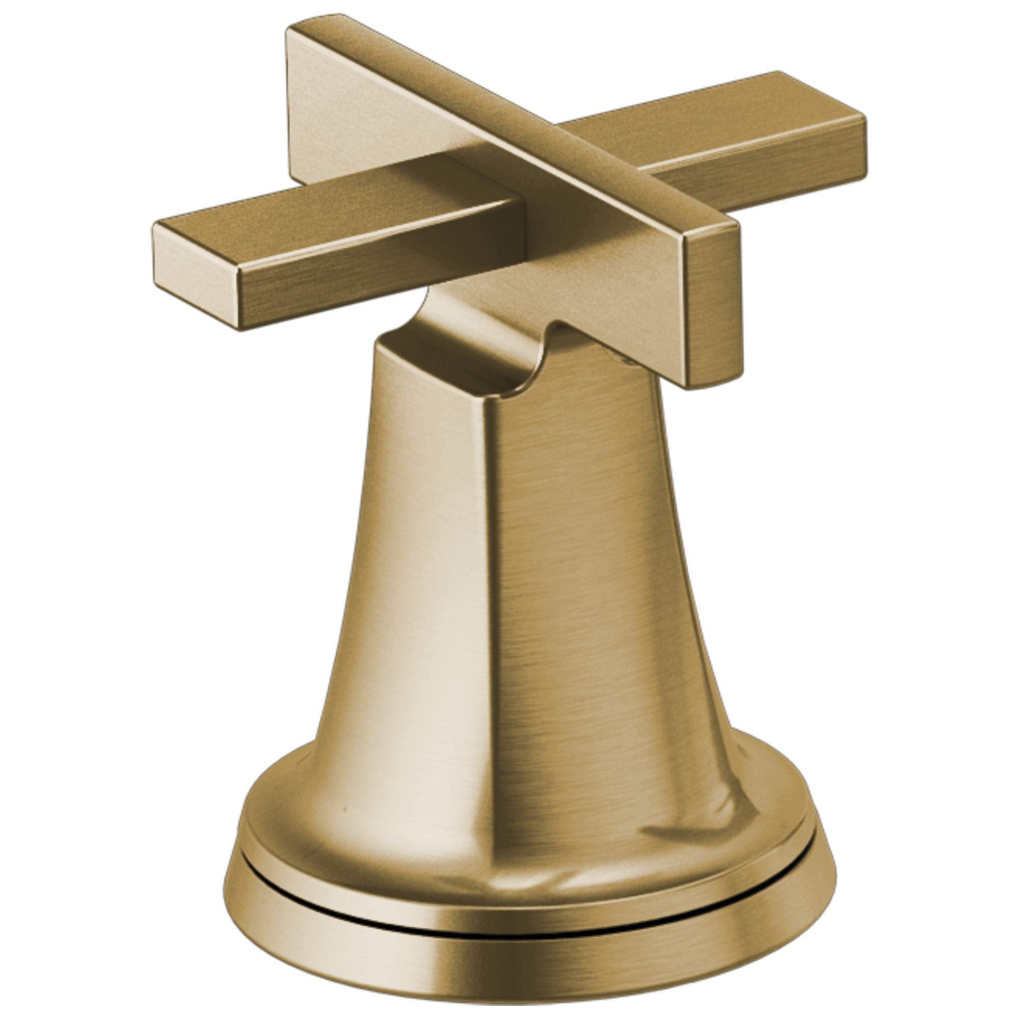 Champagne bronze cross handle faucet control with conical base and two rectangular lever arms.