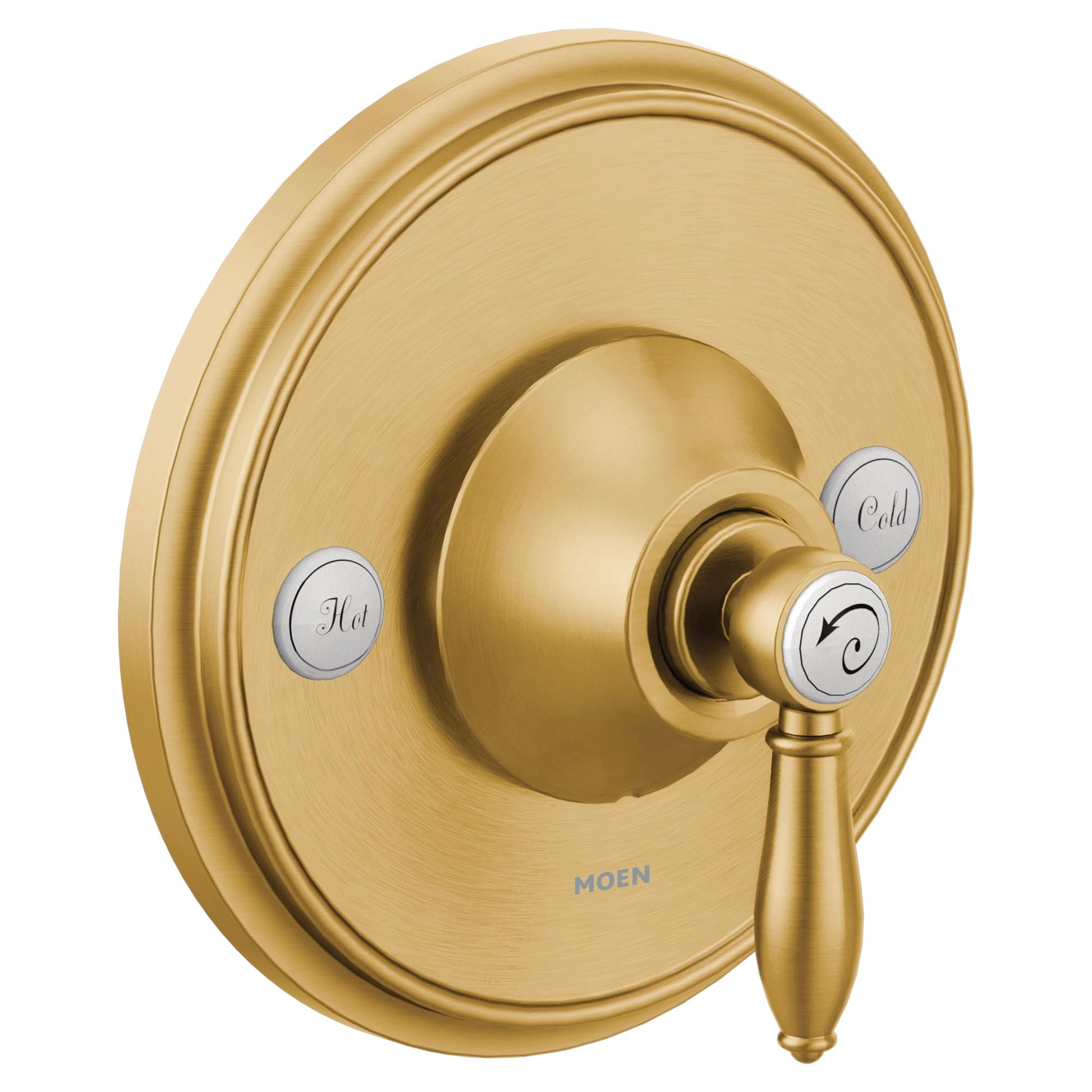 Brushed gold shower valve trim kit with single lever handle and hot/cold indicator buttons on oval escutcheon plate.