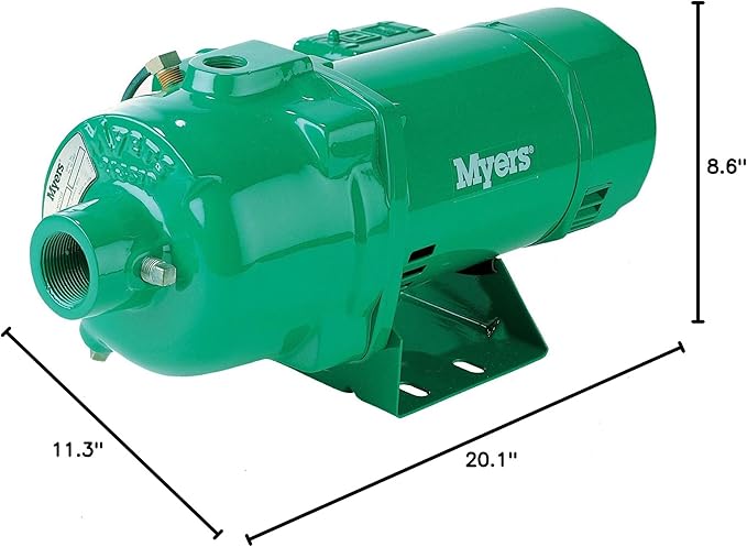 Green cast iron shallow well pump with Myers branding, featuring a cylindrical motor housing, side-mounted intake port, and b