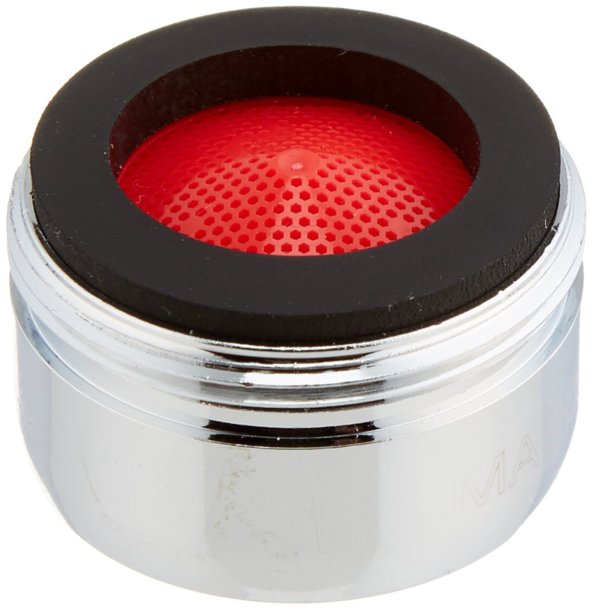 Chrome faucet aerator with black rubber ring and red perforated mesh screen insert.