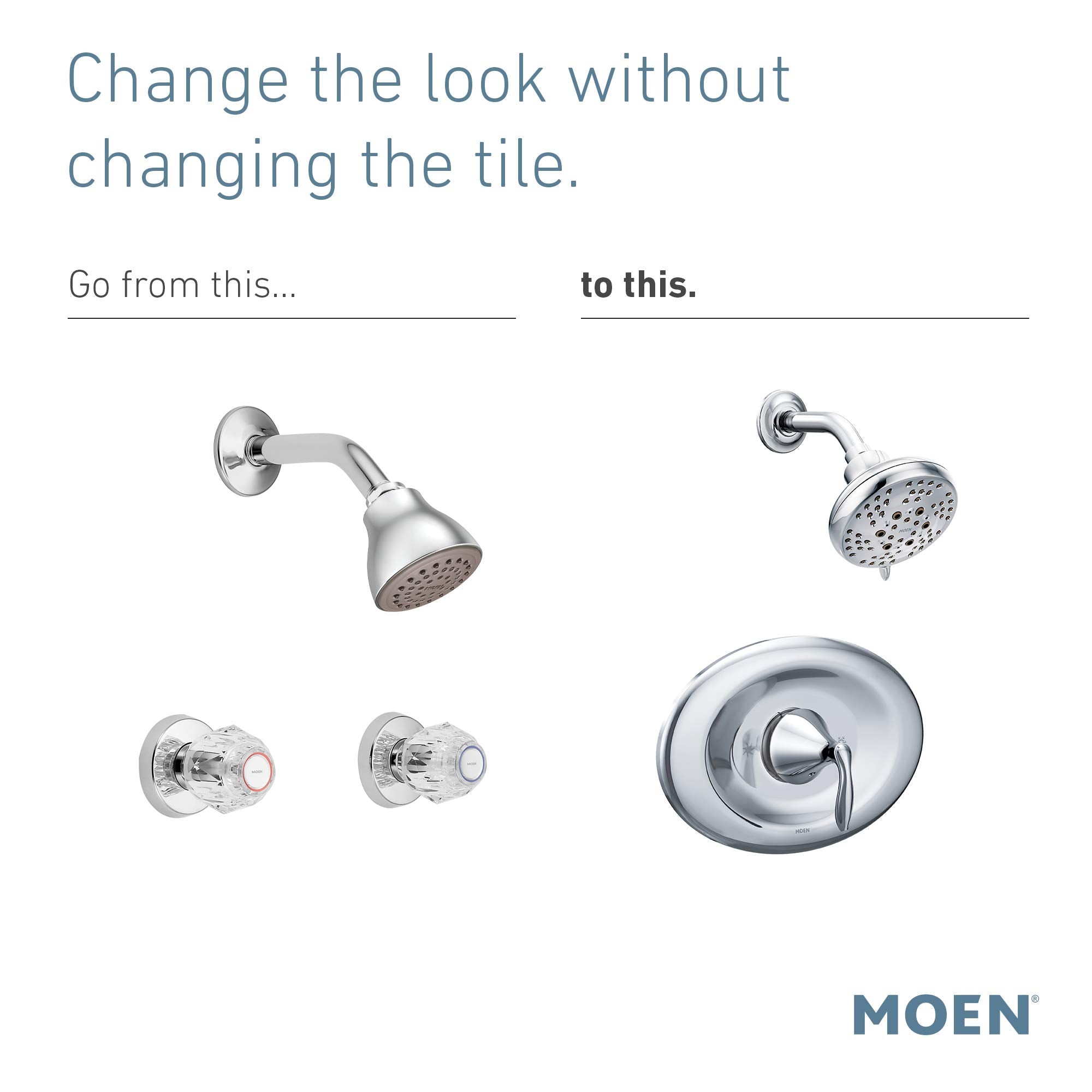 Chrome shower trim kit with single-handle valve, showerhead, and wall-mounted components.