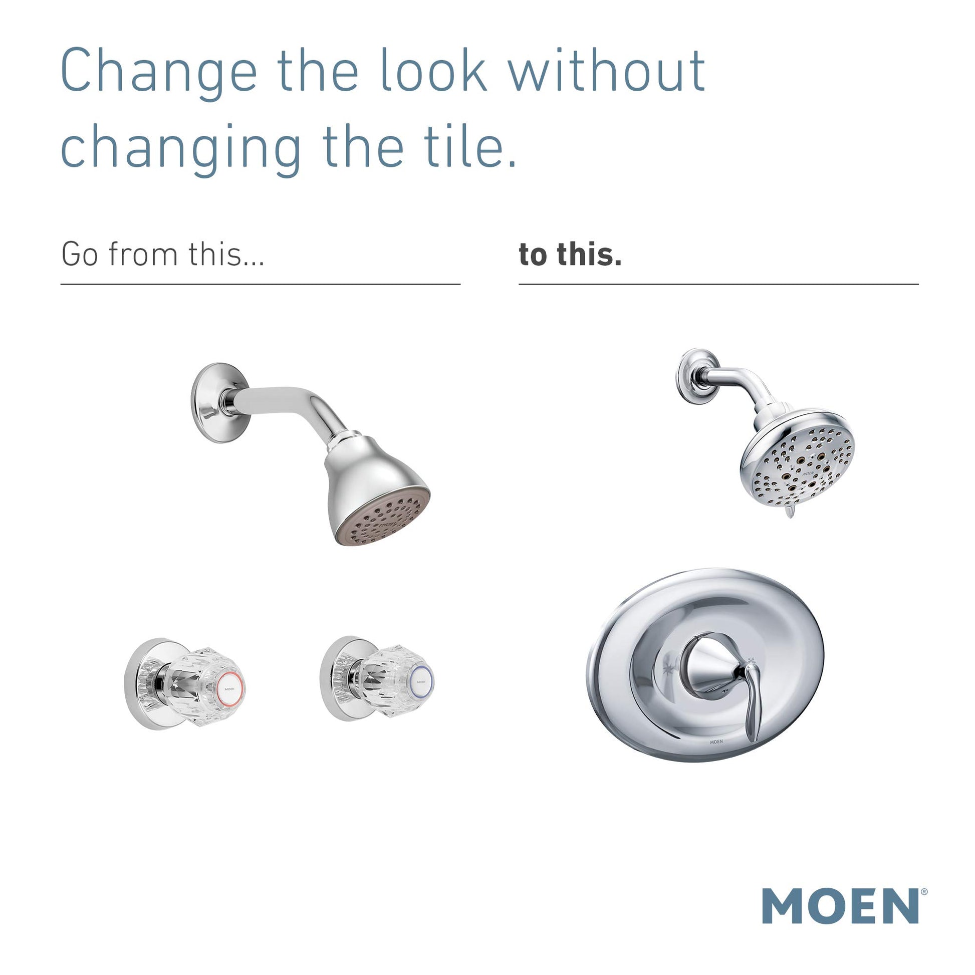 Brushed nickel shower trim kit with single-handle valve, showerhead, and two control knobs.