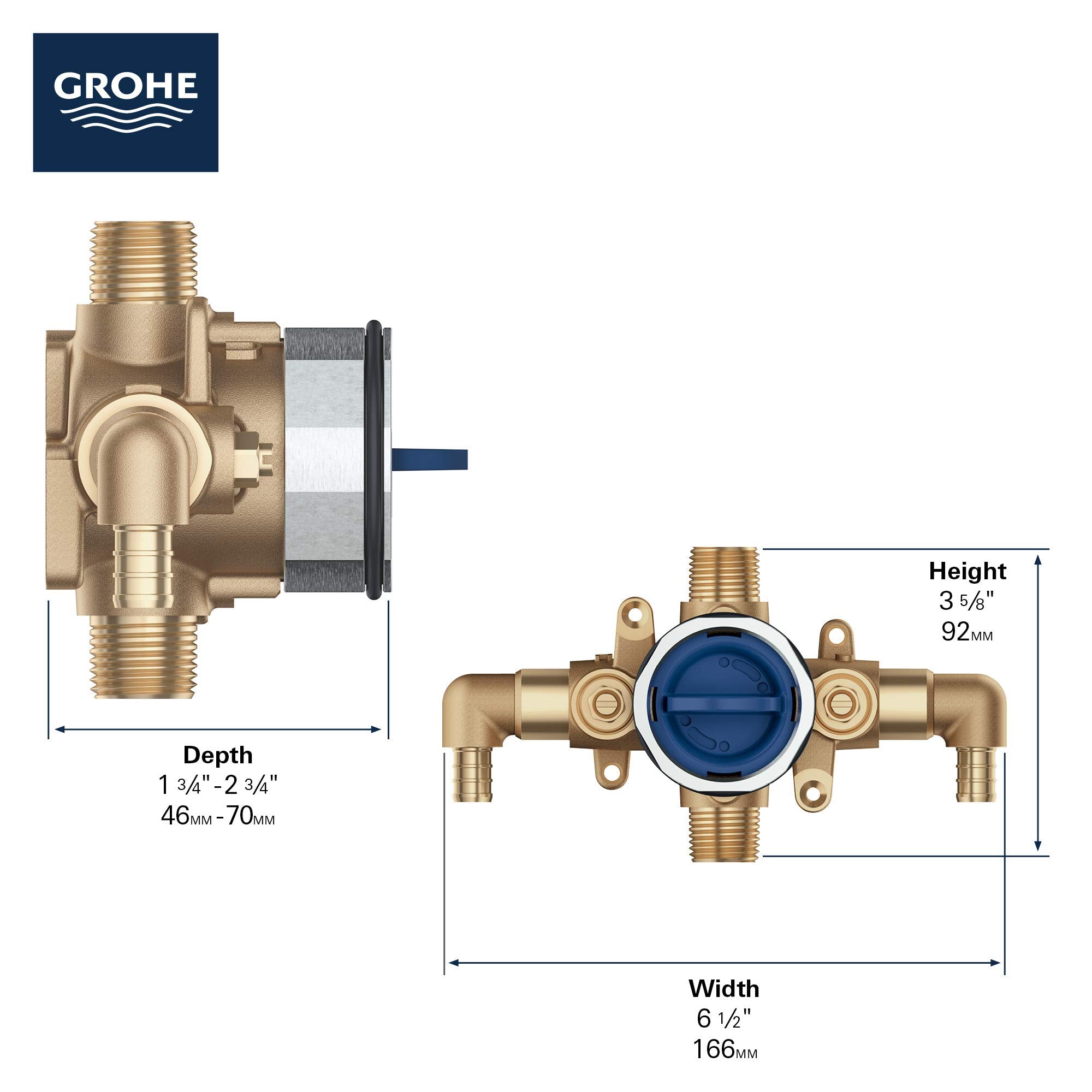 Grohe brass pressure balance rough-in valve with blue cartridge shown in front and side views with dimensions.