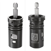Moen faucet cartridge shown from two angles with metal stem and black cylindrical body housing.