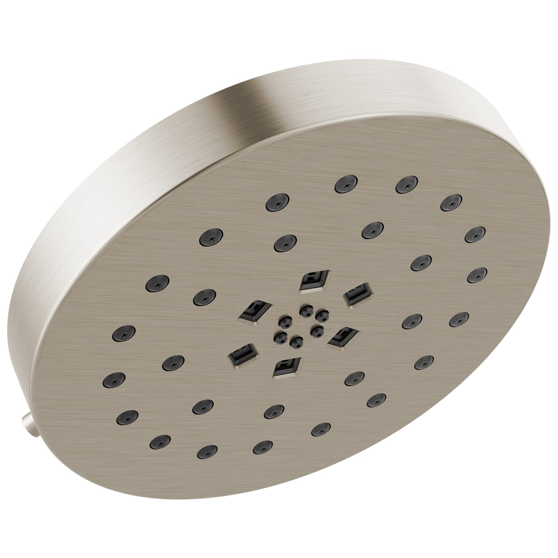 Brushed nickel round shower head with multiple spray jets and central control nozzles.