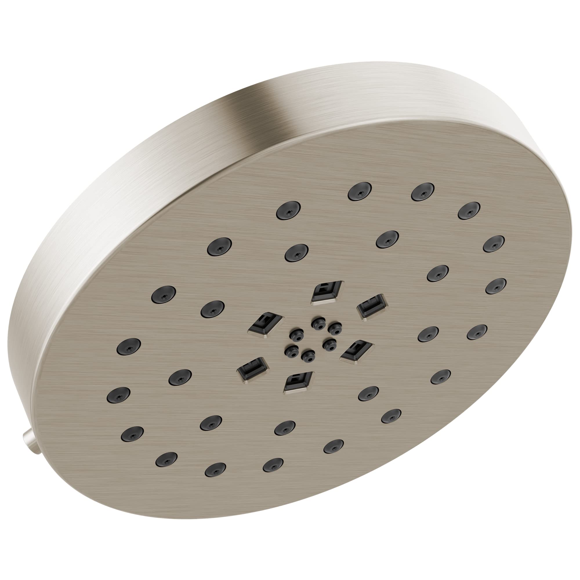 Brushed nickel round shower head with multiple spray jets and central control nozzles.