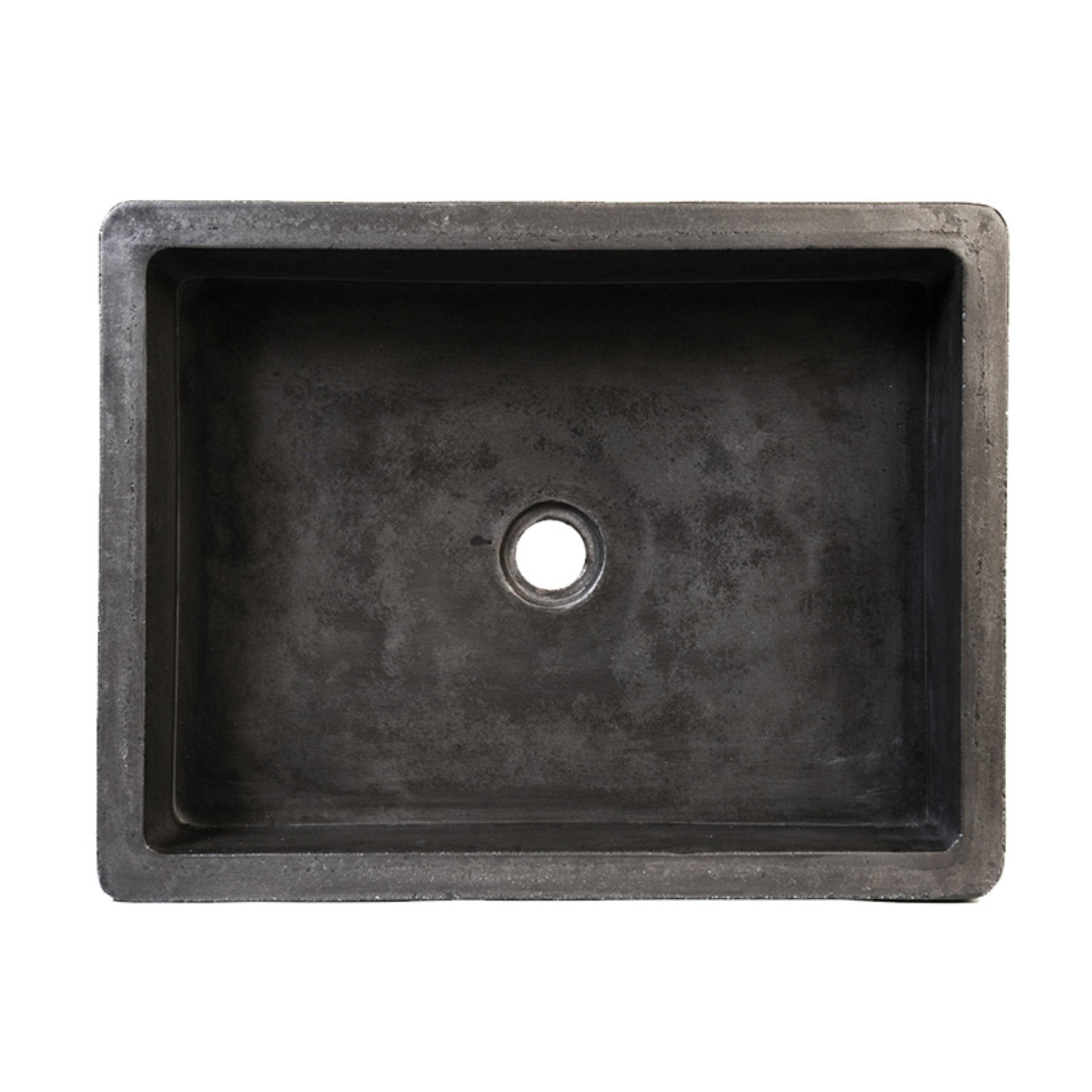 Slate-colored rectangular bathroom sink with single drain hole, viewed from above.